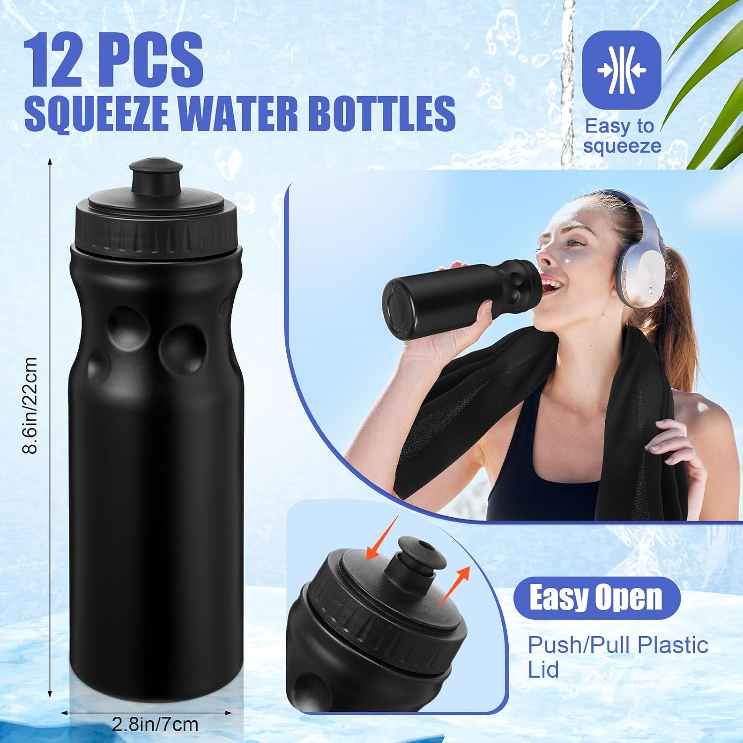 Talltalk 36 Pcs Water Bottles and Cooling Towels Set 12 Plastic Water Bottles Bulk 24 oz 12 Workout Towels Bulk 40 x 12'' 12 Drawstring Backpack Bags for Gym Travel Camping Hiking Outdoor Work, Black