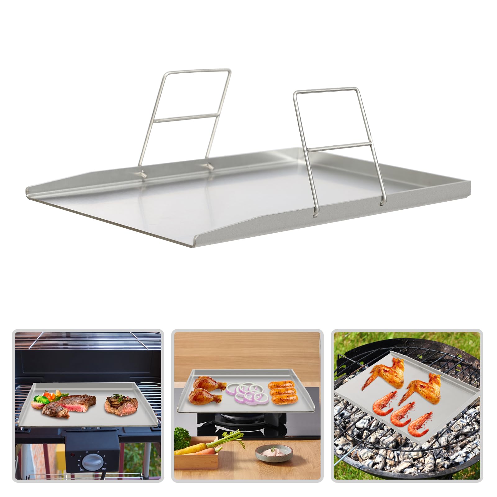 Grillplatte aus Edelstahl, Grill Plate Universal BBQ Grill Tray mit 2 Praktische Griffe, für den Einsatz beim Grillen Camping Wandern Party, Silber (49x32.5cm)