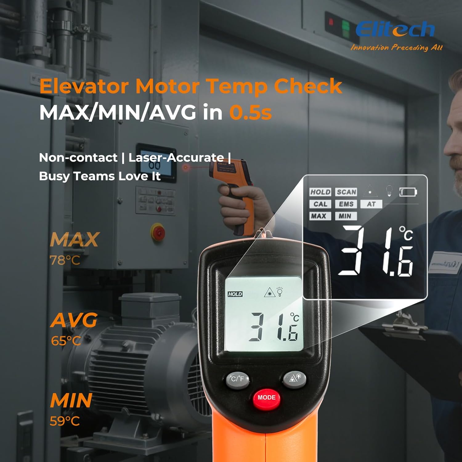 Elitech DIT-220 thermometer displaying MAX, MIN, and AVG temperature readings during an elevator motor check