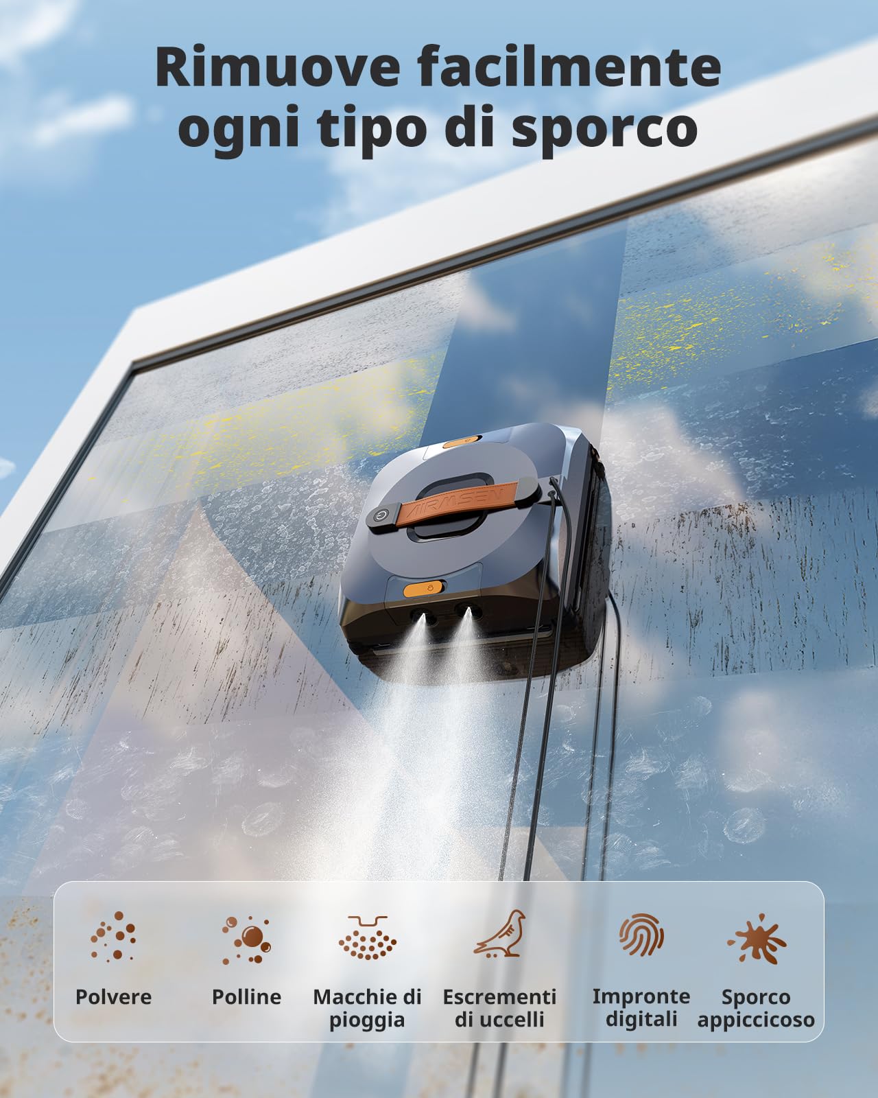 AIRMSEN YW733 Robot lavavetri, pianificazione automatica, 4 modalità di pulizia, 4 ugelli spray, serbatoio grande da 110 ml, 6000 Pa, antiscivolo, per finestre, vetri doccia & specchi