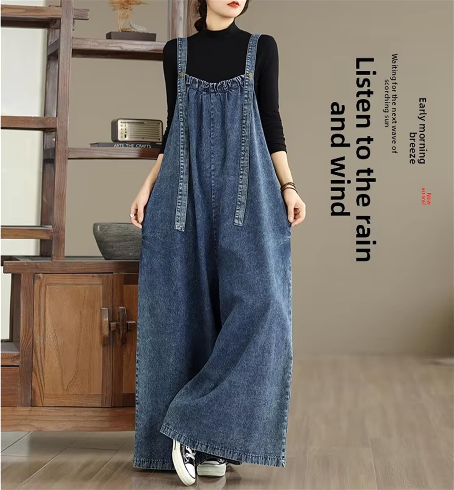 Damen Retro Locker sitzende Denim-Latzhosen Damen Hohe Taille Baumwollhosen Vintage-Stil Einteiler Freizeit-Hosen