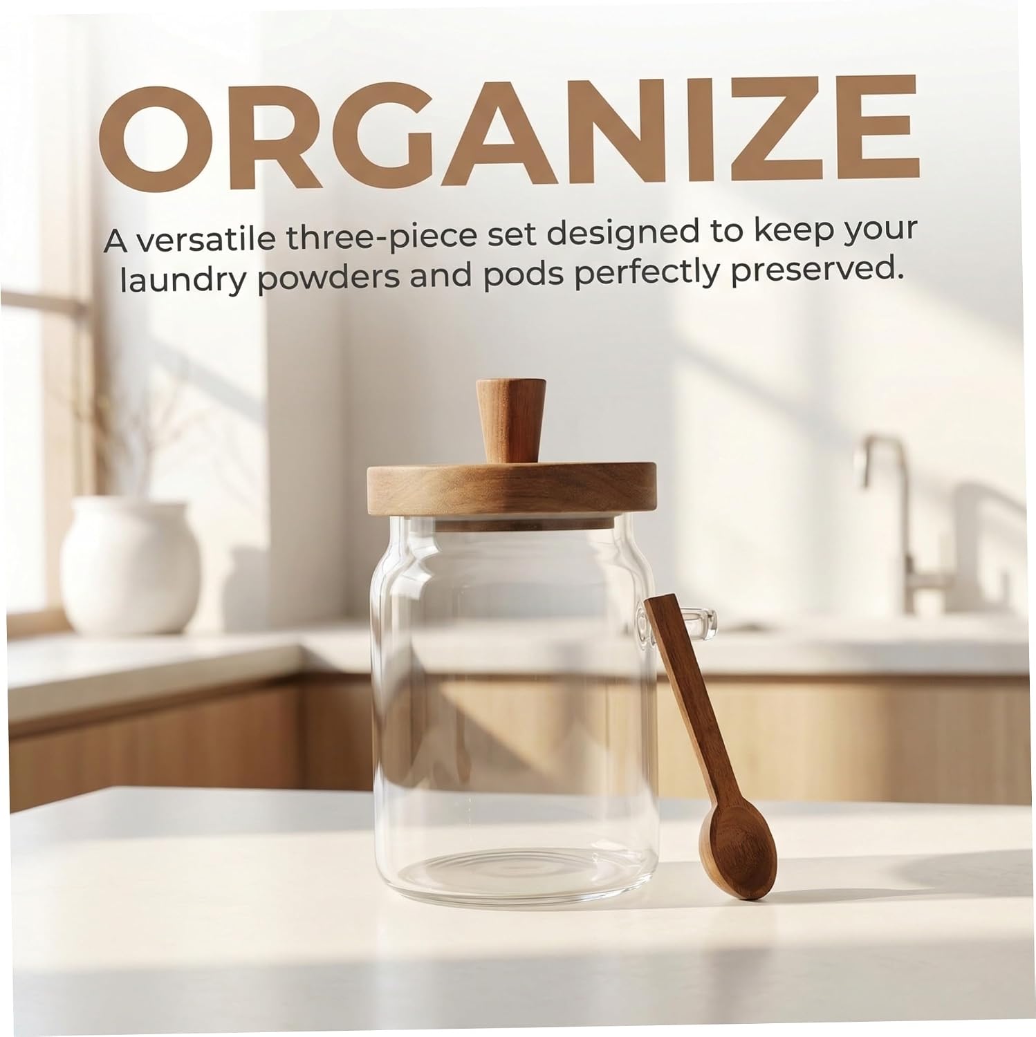Garneck Powder 600ml Glass Wooden Laundry Set with 3pcs Container in Lids and Spoon, Airtight round Storage Jars 400ml 900ml for Laundry Capsules, Detergent, and Dryer Sheets
