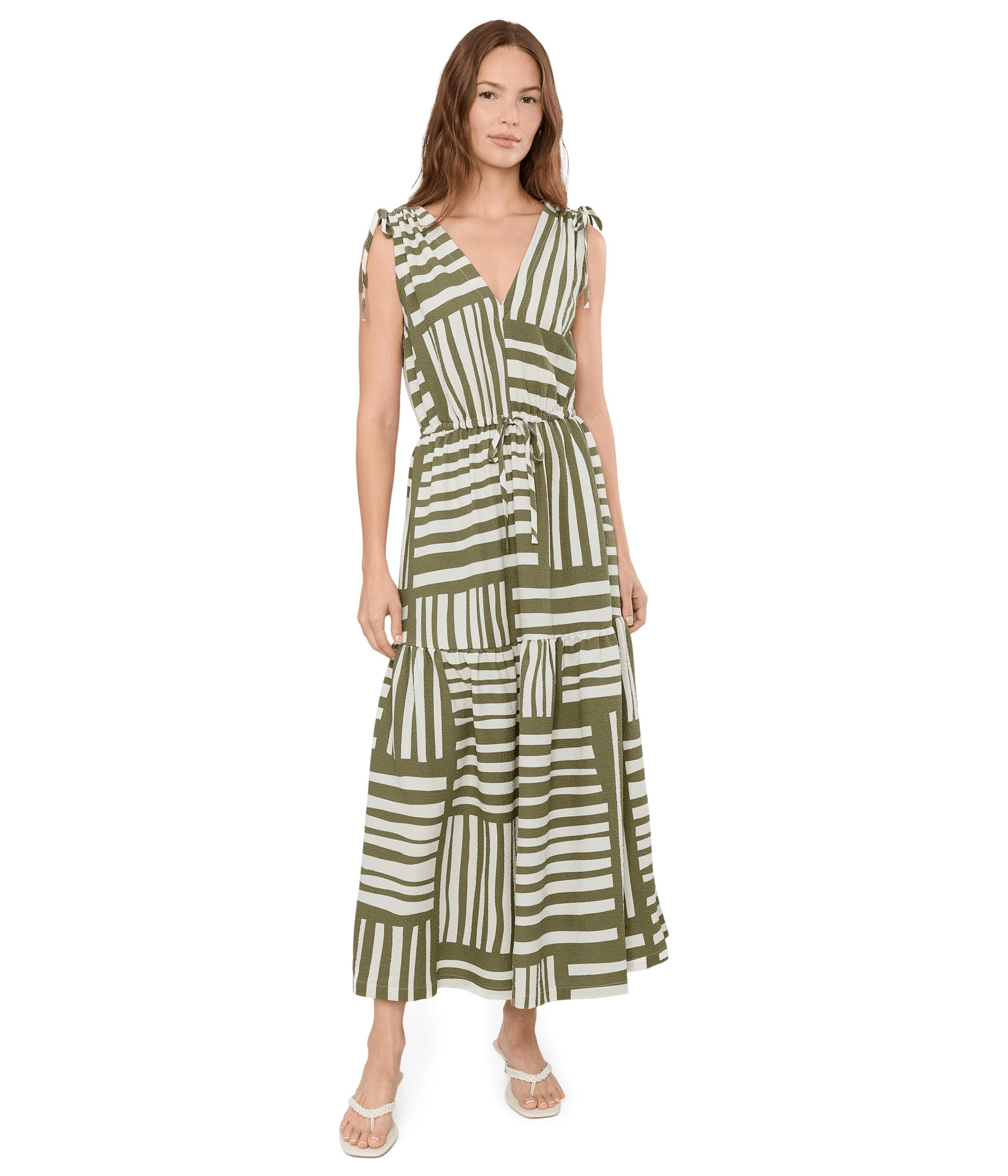 Calvin Klein Sleeveless V-Neck Striped Gauze Midi 8 Light Olive/Cream
