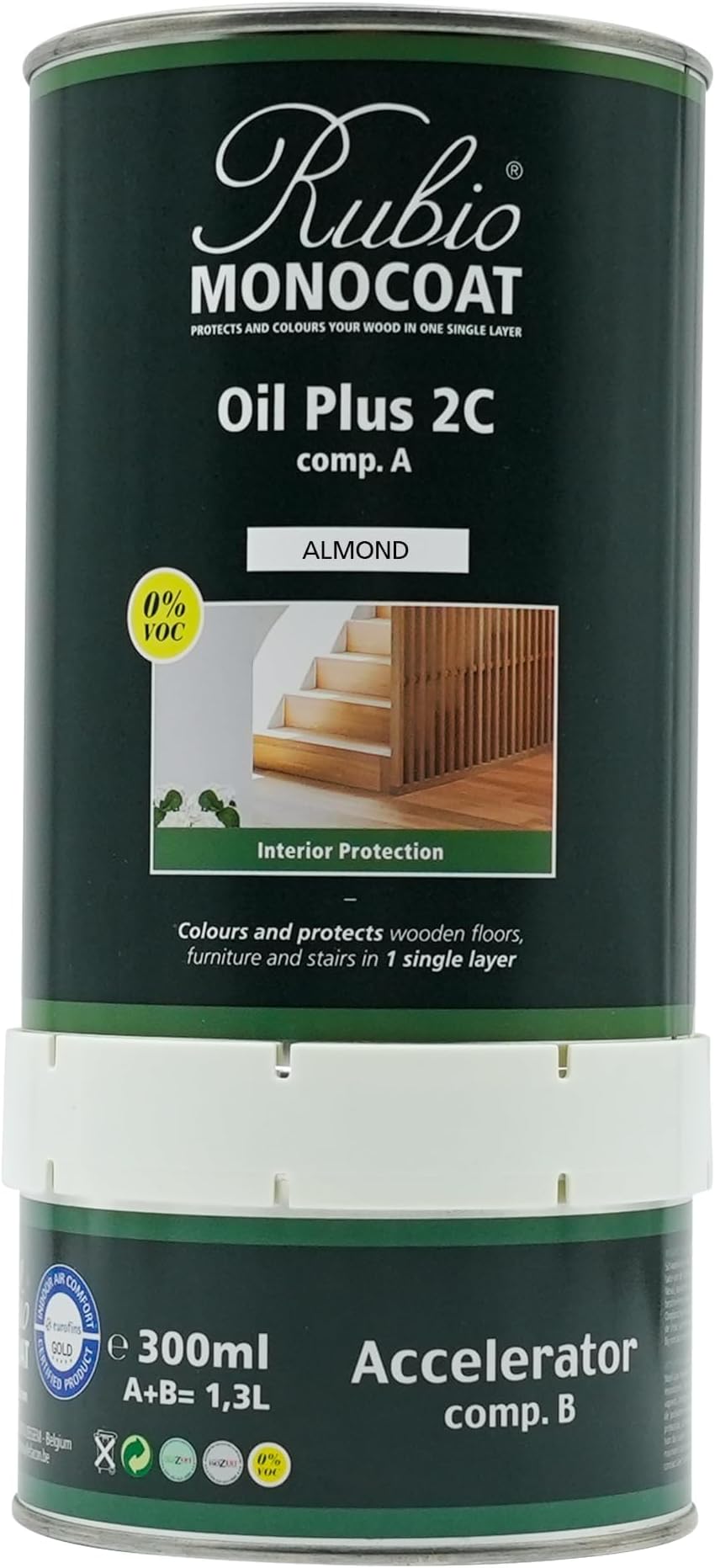 Rubio Monocoat Wood Stain & Finish 650 ft² | Oil Plus 2C | Quick-Dry, Eco-Friendly Linseed Wood Oil for Indoor Use, Includes Accelerator (Part B) | Protector | 1.3 L, Almond