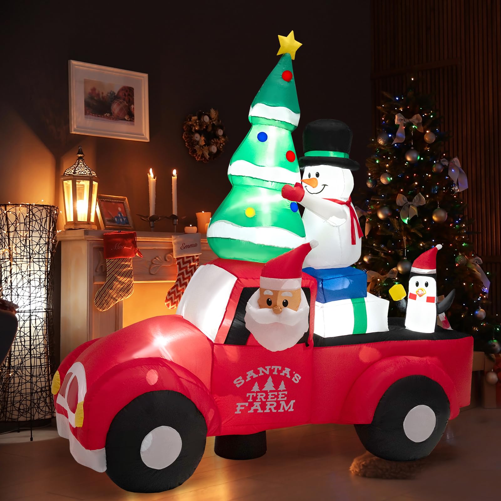 SOARS Decorazioni Natalizie, Babbo Natale Gonfiabile in Auto 240 CM, con Regalo, Pupazzo, Albero, Pinguino, Luce LED Incorporata, Addobbi Natalizi per Esterno Interno per Casa, Giardino, Cortile