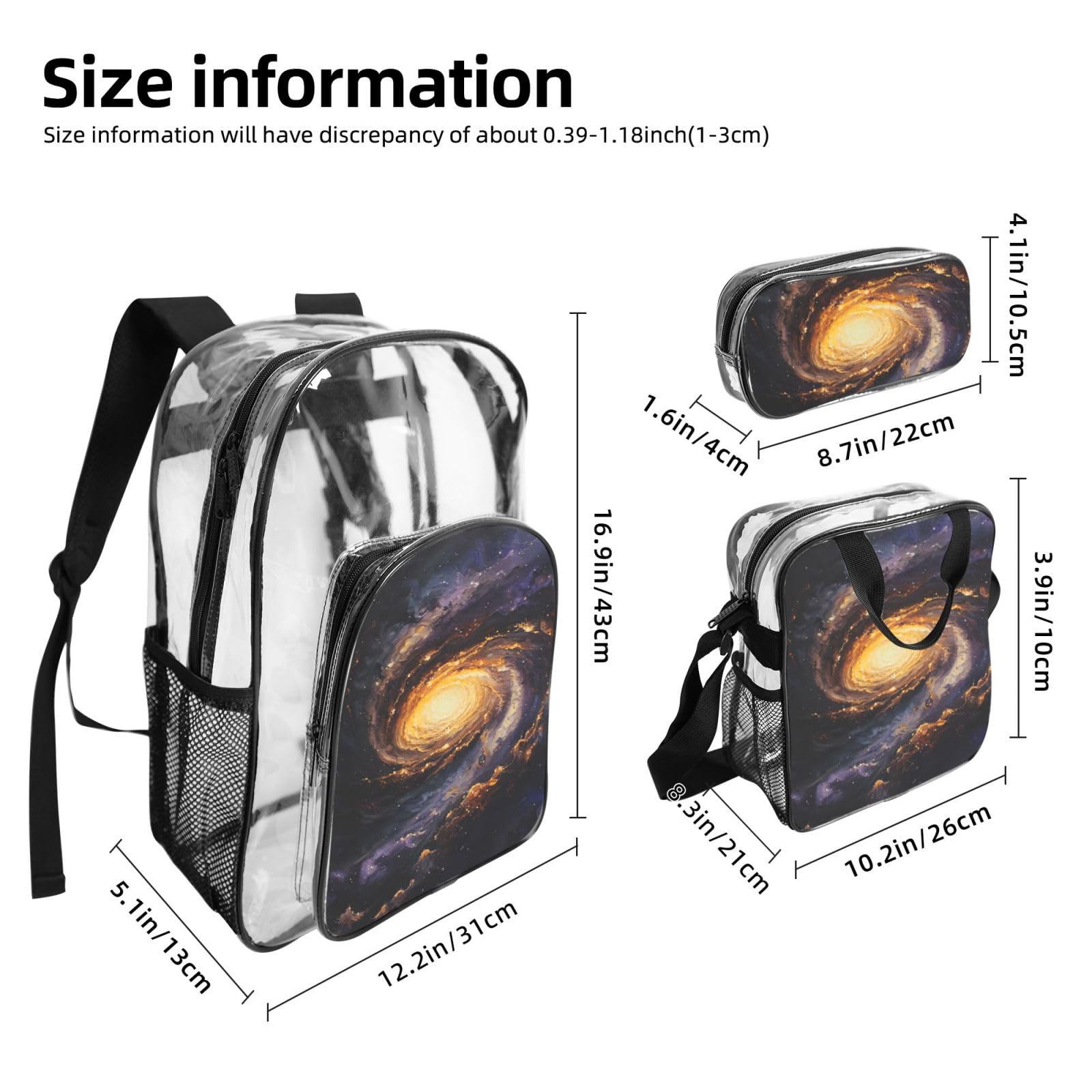 Galaxy Print - Zaino trasparente per scuola, viaggi, viaggi, viaggi, viaggi, viaggi, viaggi, concerti, 3 pezzi