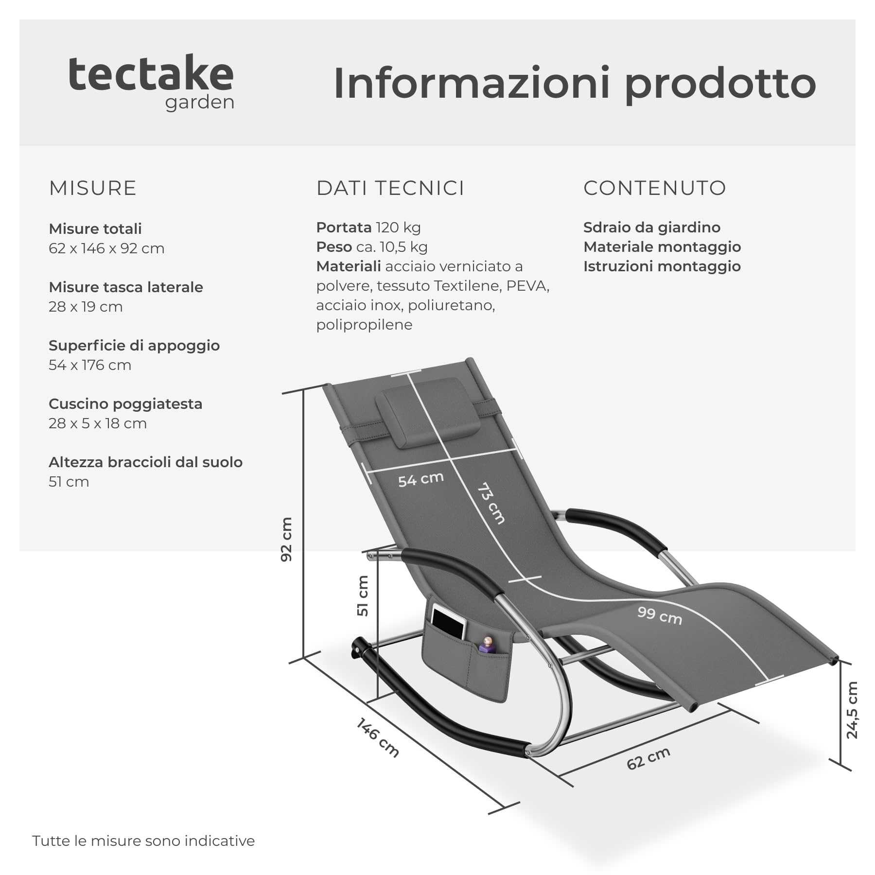 tectake® Lettino prendisole a Dondolo da giardino, Sdraio da Giardino, Cuscino Rimovibile, Telaio in Acciaio, Braccioli Imbottiti, Textilene Traspirante e Idrorepellente, Sedia a dondolo - Grigio