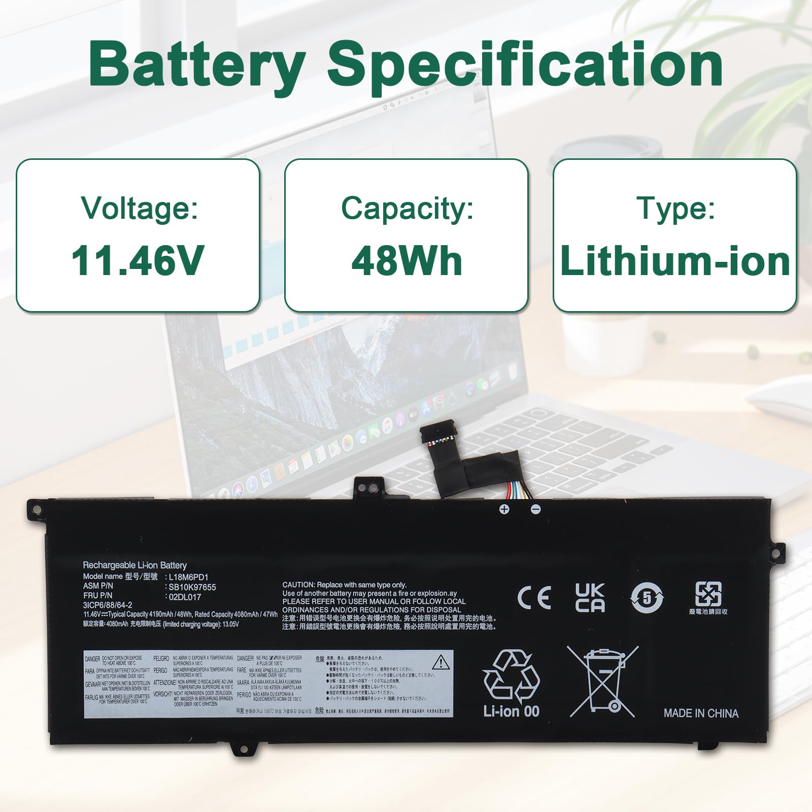 L18M6PD1 Batterie Compatible avec Lenovo ThinkPad X13 Gen 1 2020 X390 X395, L18C6PD1 L18D6PD1 L18M6PD2 02DL017 02DL018 02DL019 02DL020 SB10K97655 SB10K97656 SB10K97657 SB10K97658-48Wh 11,46V