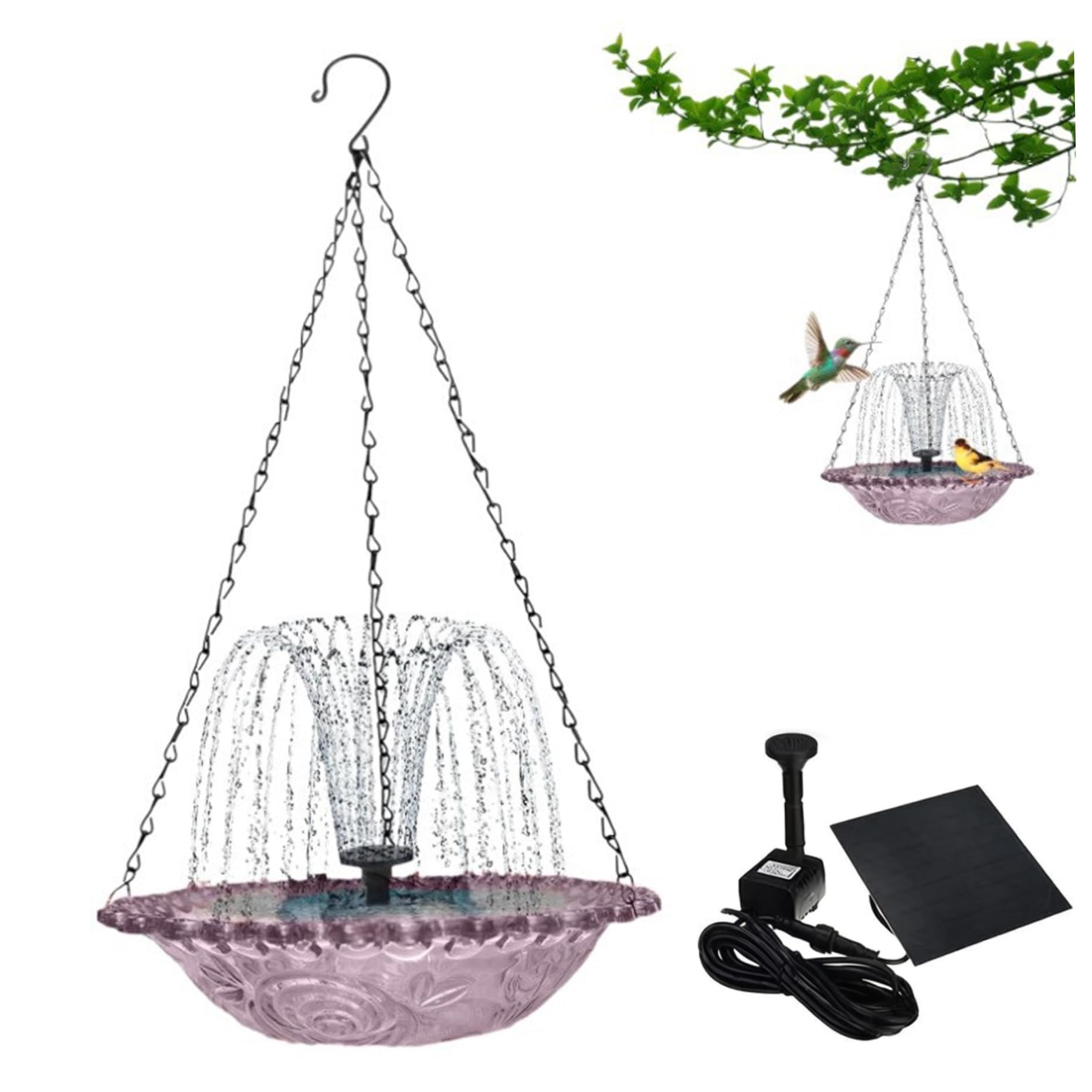 Solar Bird Bath Fountain, Hanging Bird Bath with Solar Panel, Adjustable Floating Fountain for Garden, Purple Glass Basin for Attracting Birds, Hanging