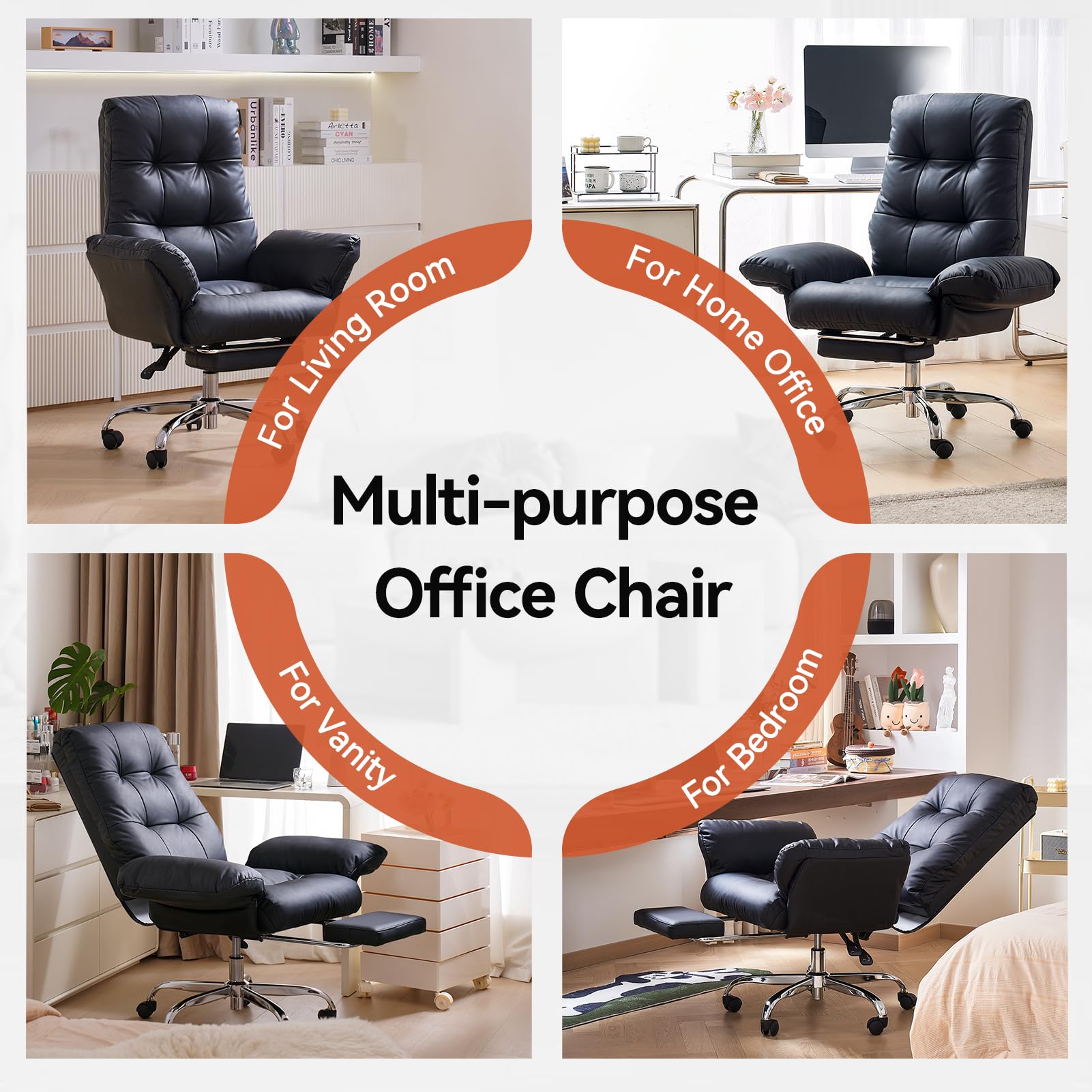EMIAH Sedia da Ufficio con braccioli ribaltabili, Criss Cross Poltrona Reclinabile da Scrivania in Pelle PU, Sedie Moderne per Vanità con Ruote, Ergonomica Sedia da Computer con Poggiapiedi, Nero