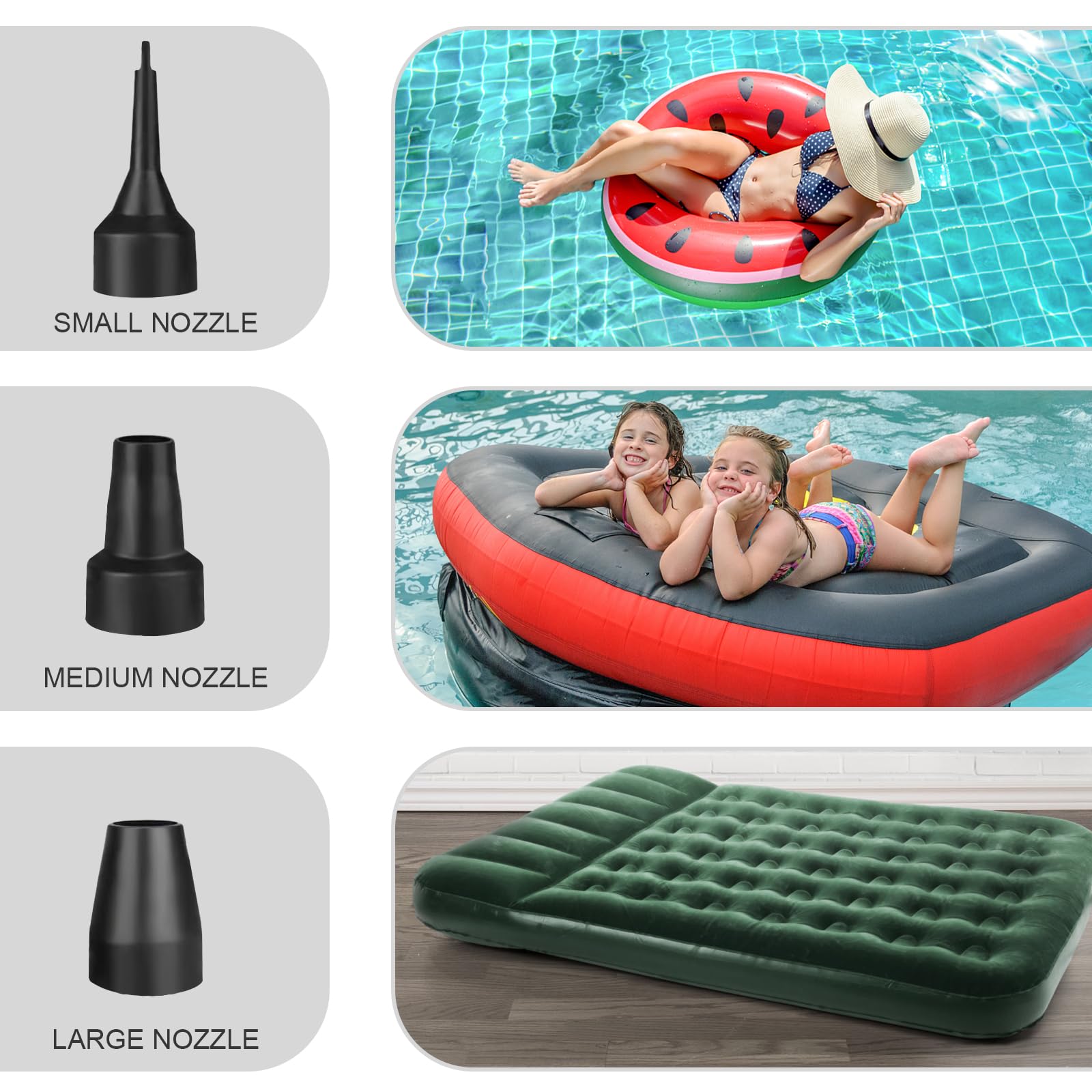 Jsdoin Pompe à air électrique, Pompe à air électrique Haute Puissance 220-240V / 130w pour Matelas Gonflable Piscine Jouets de Plage avec 3 Buses de Taille