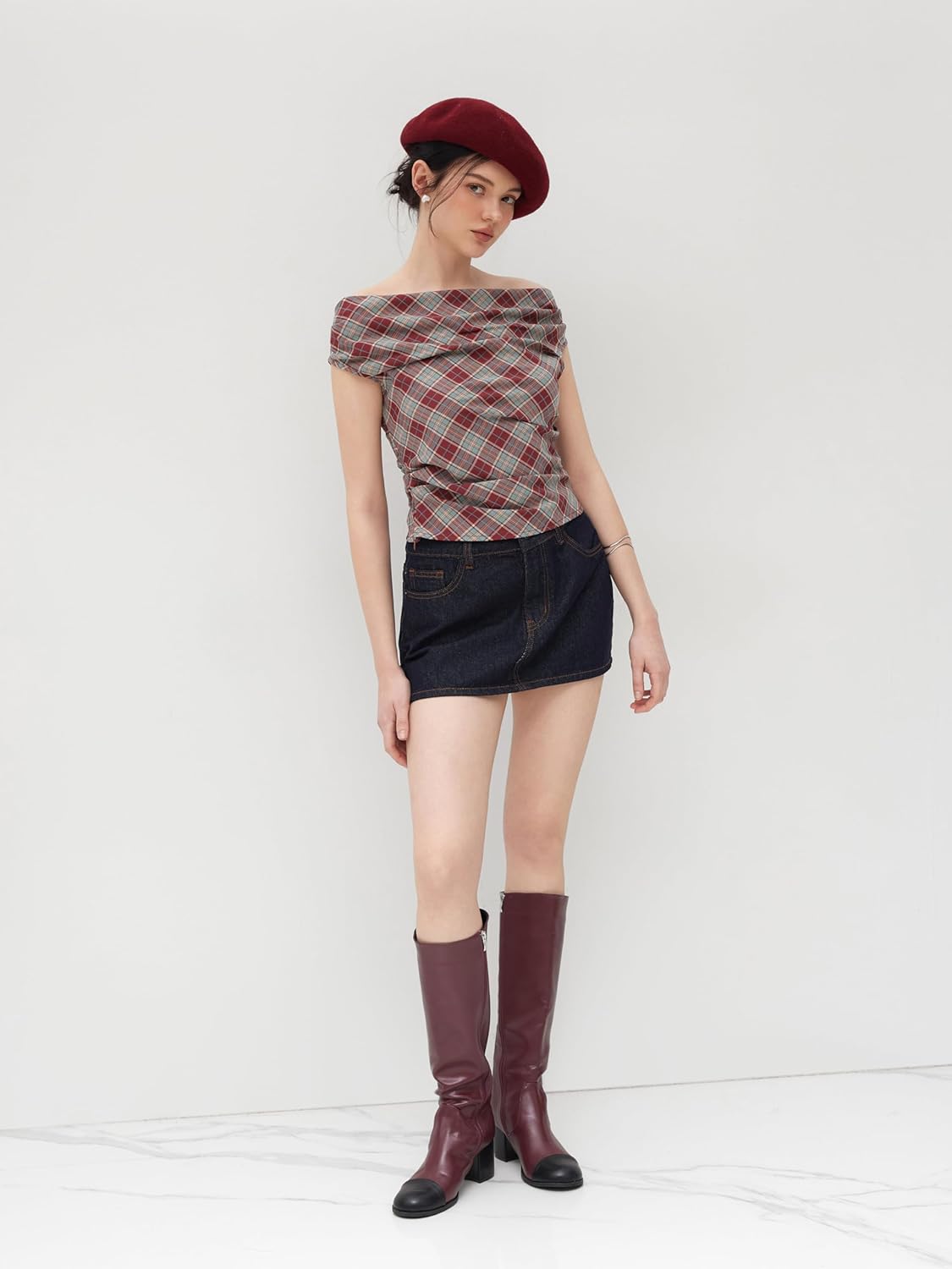 CIDER Shirts for Women Plaid Checks Off Shoulder Ruched Crop Top Sleeveless Blouse Party Clubbing - Image 3