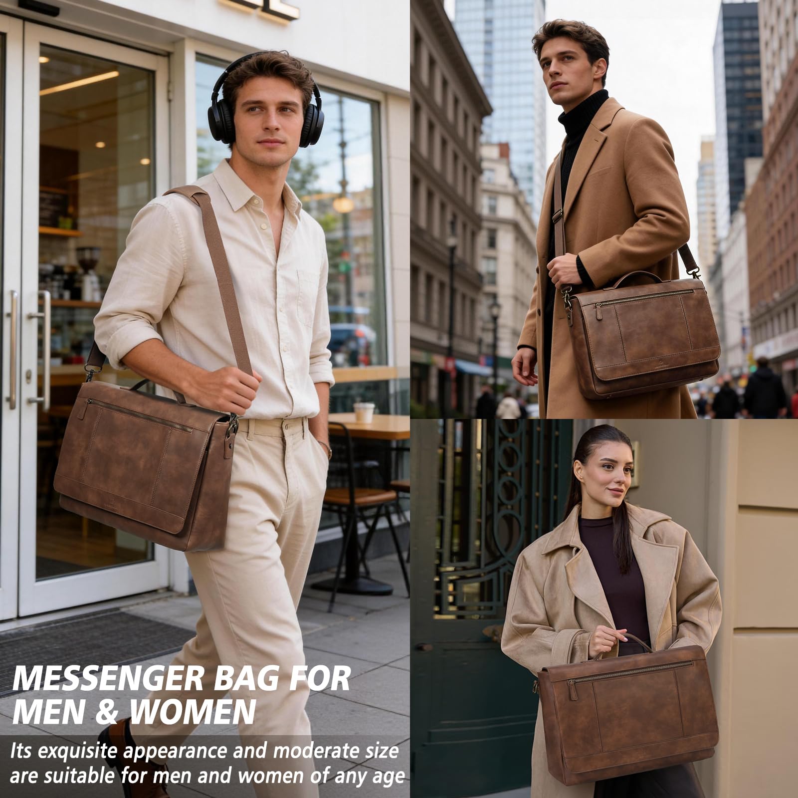 RAINSMORE Aktentasche Herren Leder Wasserdichte Umhängetasche Laptoptasche 15,6 Zoll Vintage Groß Arbeitstasche Messenger Bag Schultertasche für Arbeit Büro Uni Schule - 2