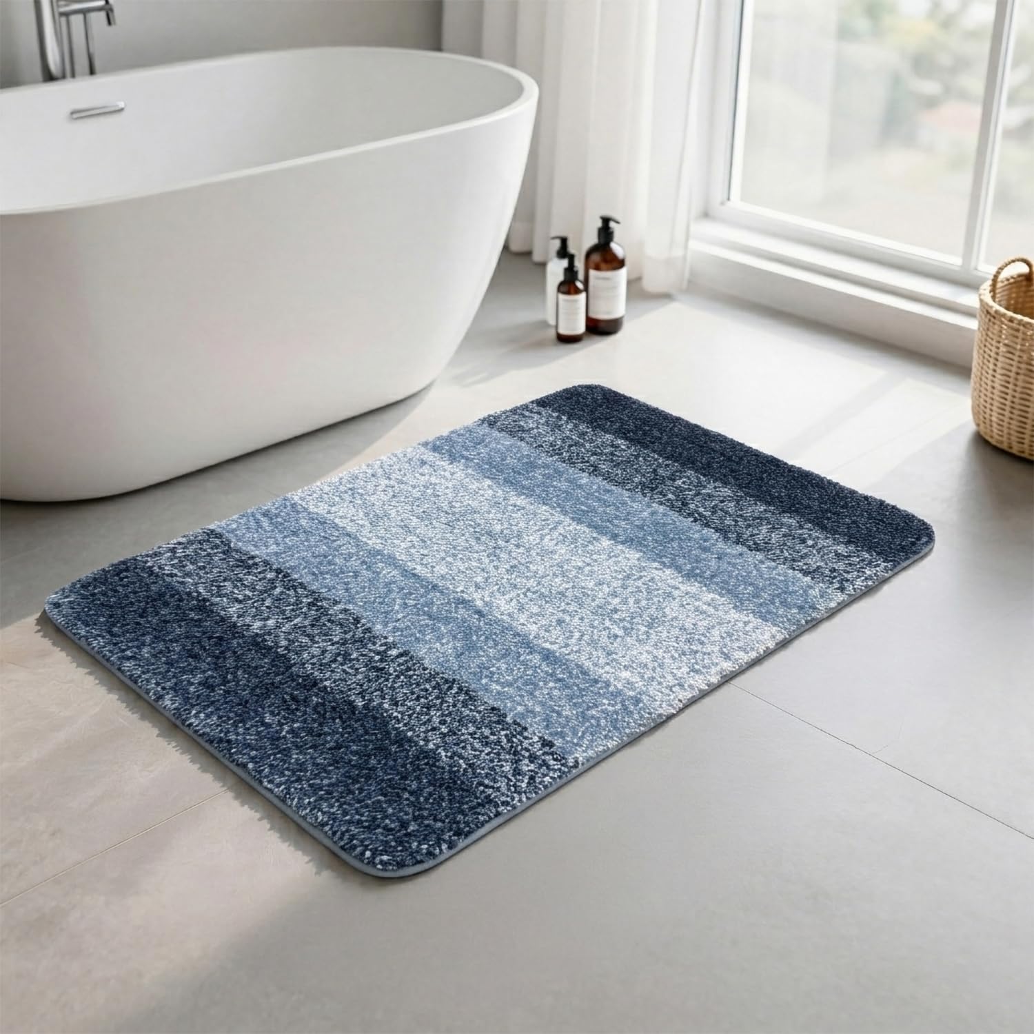 Generisch 3-teiliges Badezimmermatten Set, rutschfest, Waschbar, Weicher Polyester Badteppich, Saugfähig, WC Vorleger U-Form, Duschmatte, Badematte 91 × 61 cm (Blau)