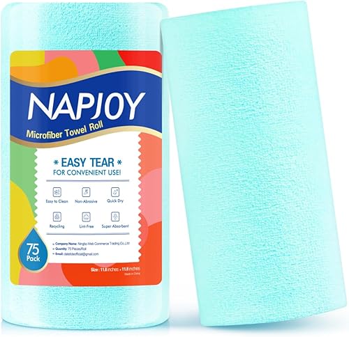 Napjoy Microfiber Cleaning Cloth Roll, 75PK Easy Tear Away Reusable Paper Towels, 12" x 12", Lint-Free and Scratch-Free with Patented Fiber Technology Microfiber Towel Roll, Blue