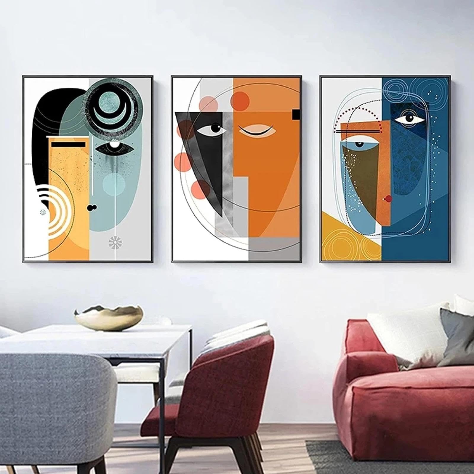 CHAOJIART 3PCS Abstract Geometric Women Face Canvas Painting Art Poster and Prints Modern Artworks Pictures for Living Room Home Decor 60x90cm(24x35in) x3 frameless