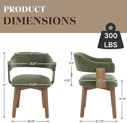 Miniatura 2 de Wahson Juego de 2 sillas de comedor tapizadas verdes, modernas de mediados de siglo con patas de madera y reposabrazos, sillas de cocina de barril
