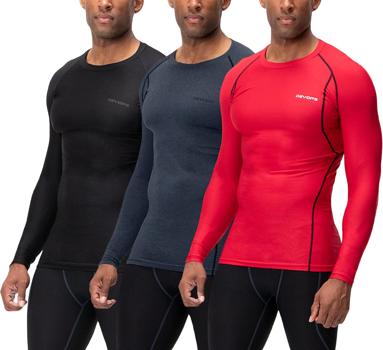 DEVOPS 3 Pack Men's UPF 50+ Long Sleeve Compression Shirts, Water Sports Rash Guard Base Layer, Athletic Workout Shirt X-Large 1# (3 Pack) Black / Charcoal / Red