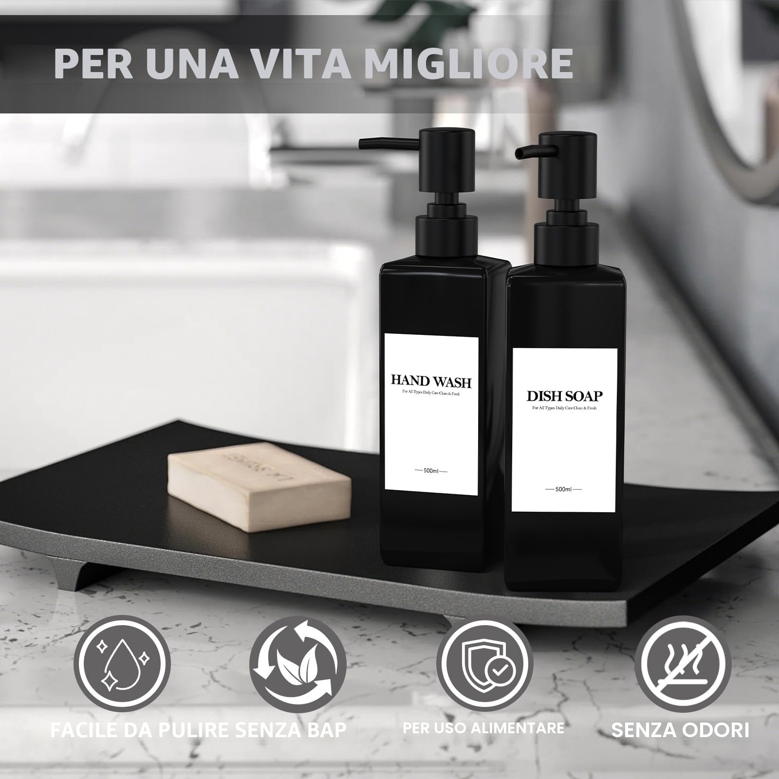 Set Di 4 Nero Flaconi Riutilizzabili per Shampoo, 500ml Dispenser Sapone Doccia, Dispenser Doccia Shampoo e Bagnoschiuma con Imbuto ed Etichetta Impermeabile, Adatto per Cucina, Bagno e Toilette