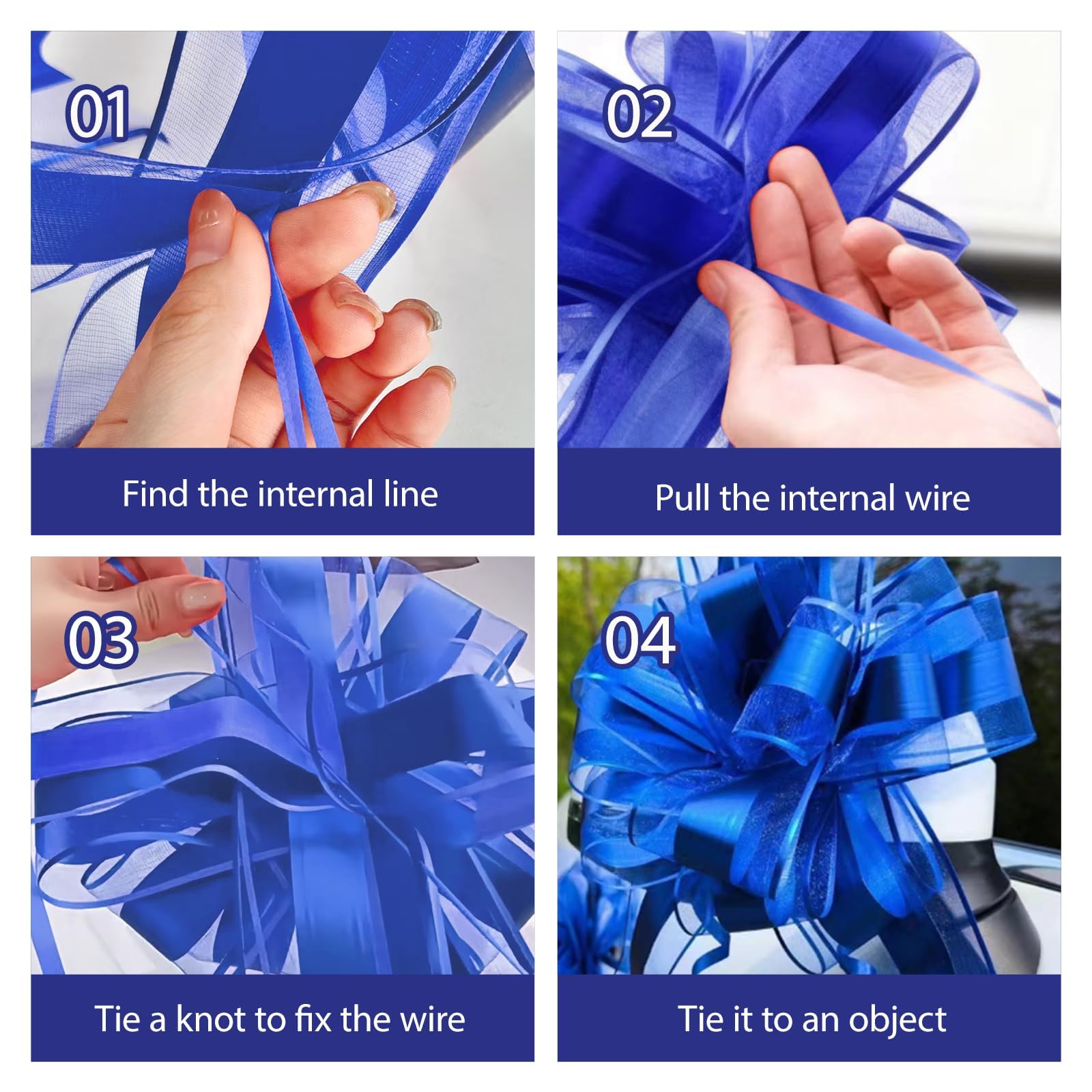 Nœud Cadeau Bleu Grand 25cm - Ruban à Tirer Manuellement pour Emballage Mariage Anniversaire Noël