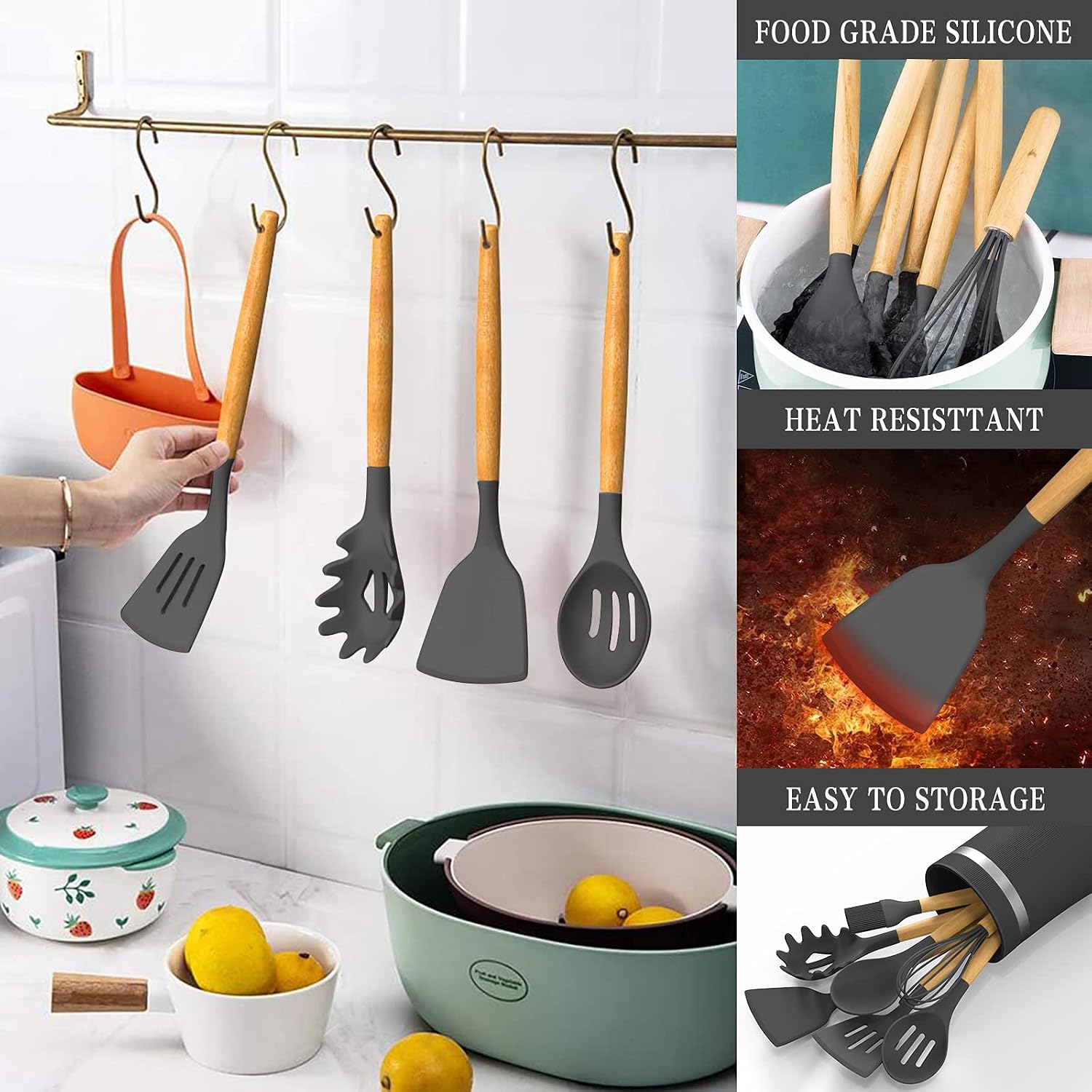 Umite Chef 38 Pcs Silicone Cooking Kitchen Utensils Set with Holder, Wooden Handles Spatula Set, Heat Resistant Silicone Turner Tongs Spoon Kitchen Gadgets Utensil Set for Nonstick Cookware (Grey)