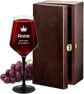 Maverton Calice da vino Rubino 300 ml - con gambo nero - incisione personalizzata - ideale per vino secco e dolce - pensiero speciale per anniversario - unico per donna - regalo di Natale - 18°