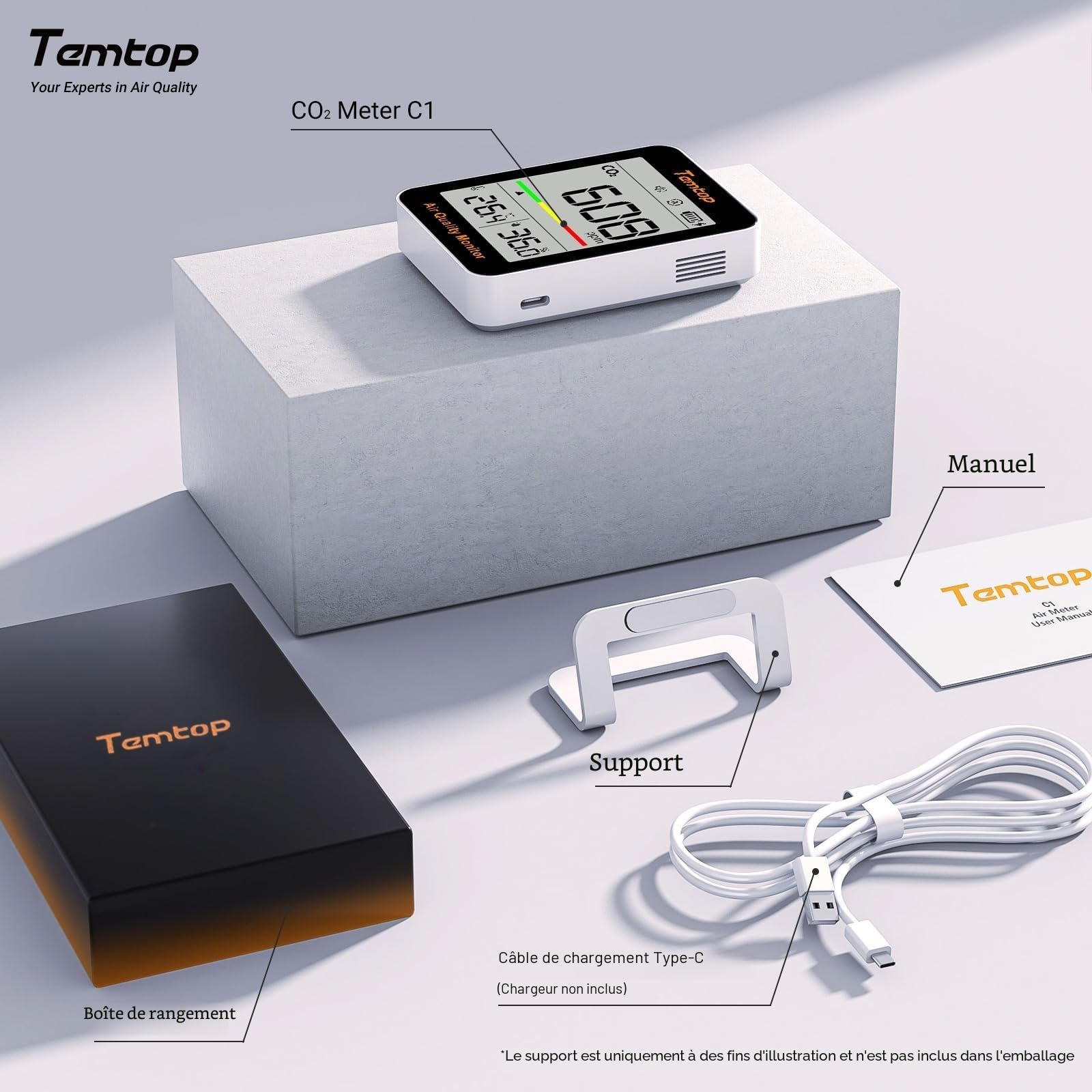 Temtop Moniteur de CO2 Dioxyde de Carbone Moniteur de Qualité de l'air Intérieur Portable, Capteur Mesure CO2 Température Humidité Temps pour Maison Bureau Ecole