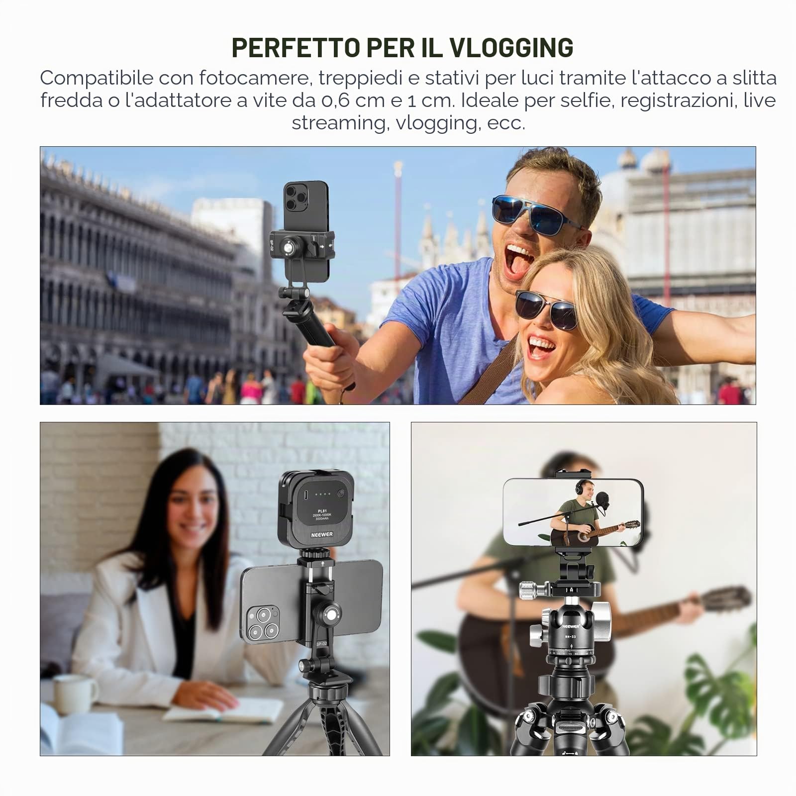 NEEWER Adattatore per treppiede, morsetto per cellulare con slitta flash, filettatura 1/4" 3/8", Arca tipo base, girevole a 360°, inclinazione di 180°, compatibile con iPhone 14 13 Pro Max Mini X Xs
