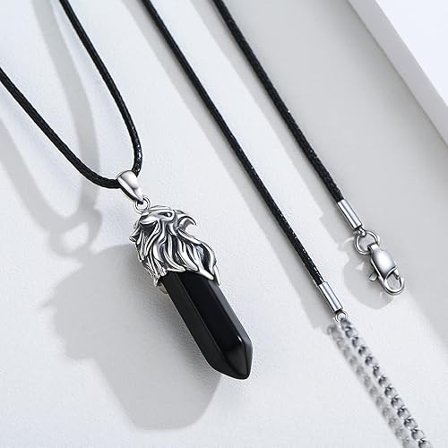 Miniatura 2 de Collar de plata de ley 925 con colgante de cristal negro zorrotigreáguilalobo para hombre, joyería gótica de zorro