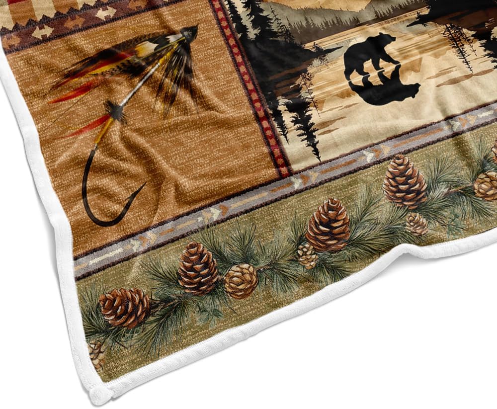 Rustic Cabin Blanket, Rustic Lodge Flannel Throw Blankets Bear Deer Country Hunting Wild Animal Cozy Warm Bed Couch Blanket, Rustic Farmhouse Bear Flannel Throws for Bed Couch, 50"X70", Brown - Image 6