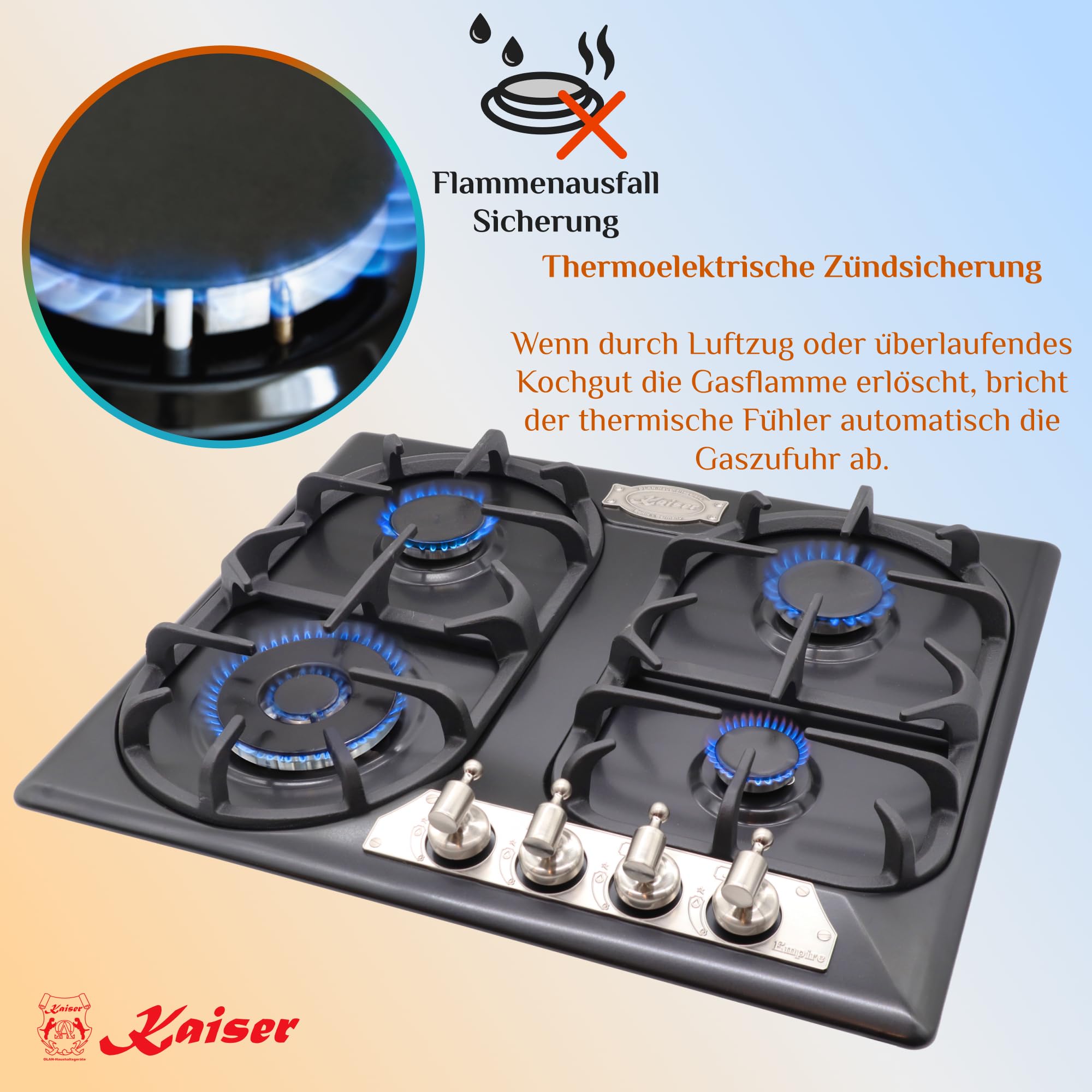 Kaiser Empire KG 6325 Em Sil Turbo ekskluzywna płyta kuchenna na gaz, 60 cm, autark antracyt, 4 wysokiej jakości palniki, WOK 3,8 kW, ergonomiczny knebel obrotowy, gaz ziemny i propan