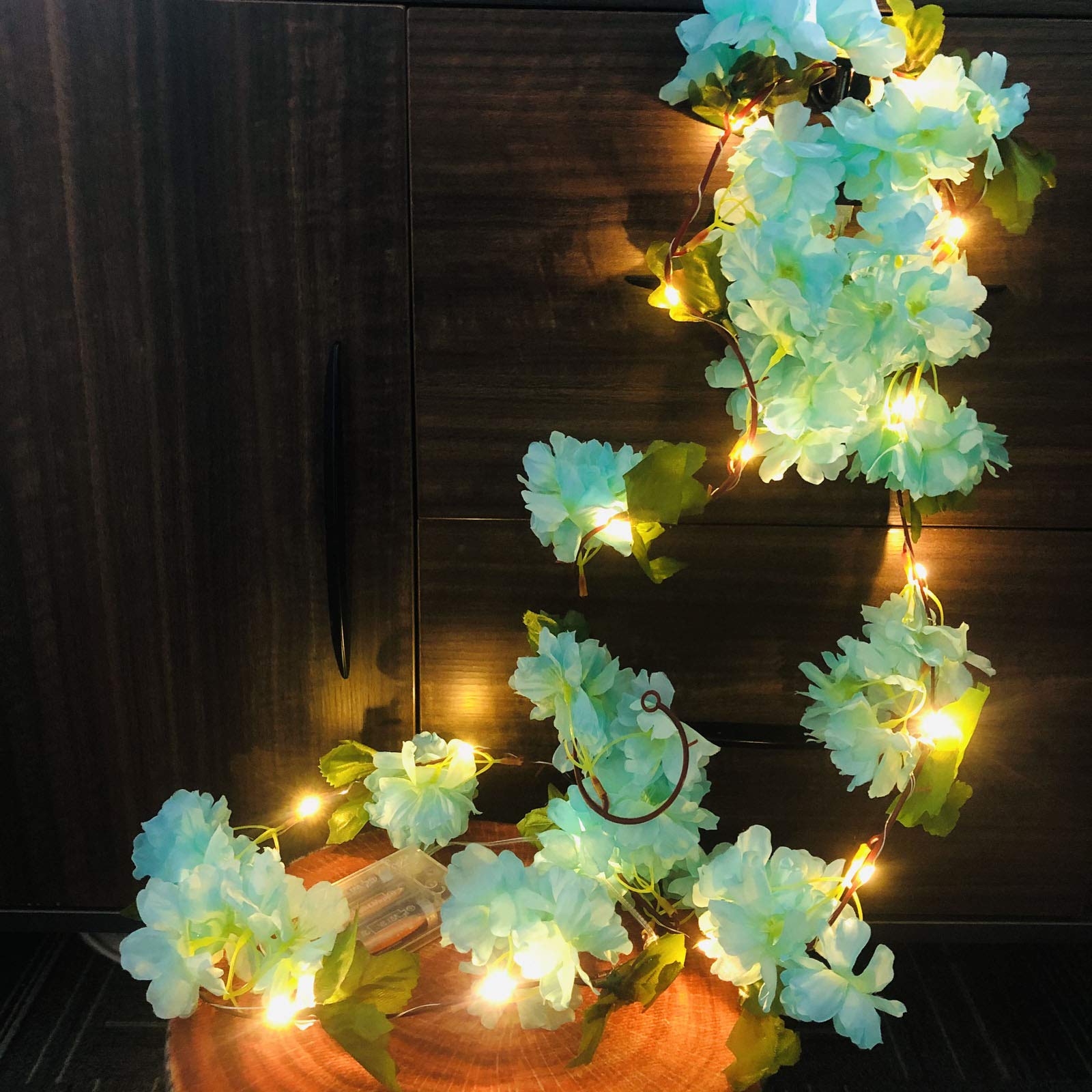 Riaxuebiy Fake Hydrangea Garland Light Artificial Flower Plants String Lights Battery Powered 6.6ft 20 LED Hanging Cherry Blossoms Fairy Light for Home Office Party Wedding Banquet Festival (Blue, 1)