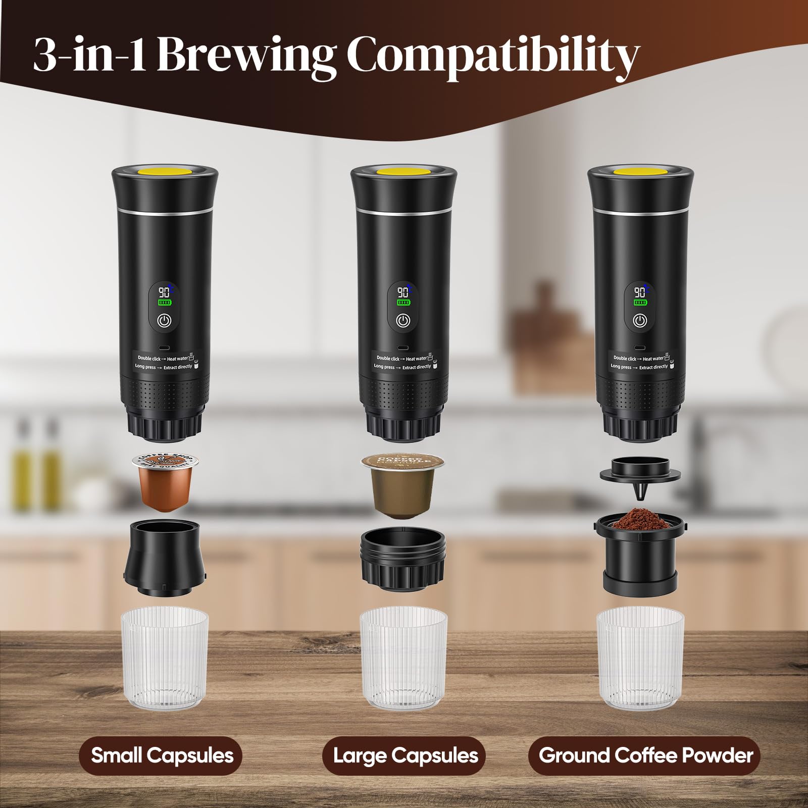 Cafetera eléctrica espresso, cafetera de cápsulas, mini cafetera portátil, compatible con cápsulas de café/café molido, calentamiento instantáneo para el coche, exterior (Negro)