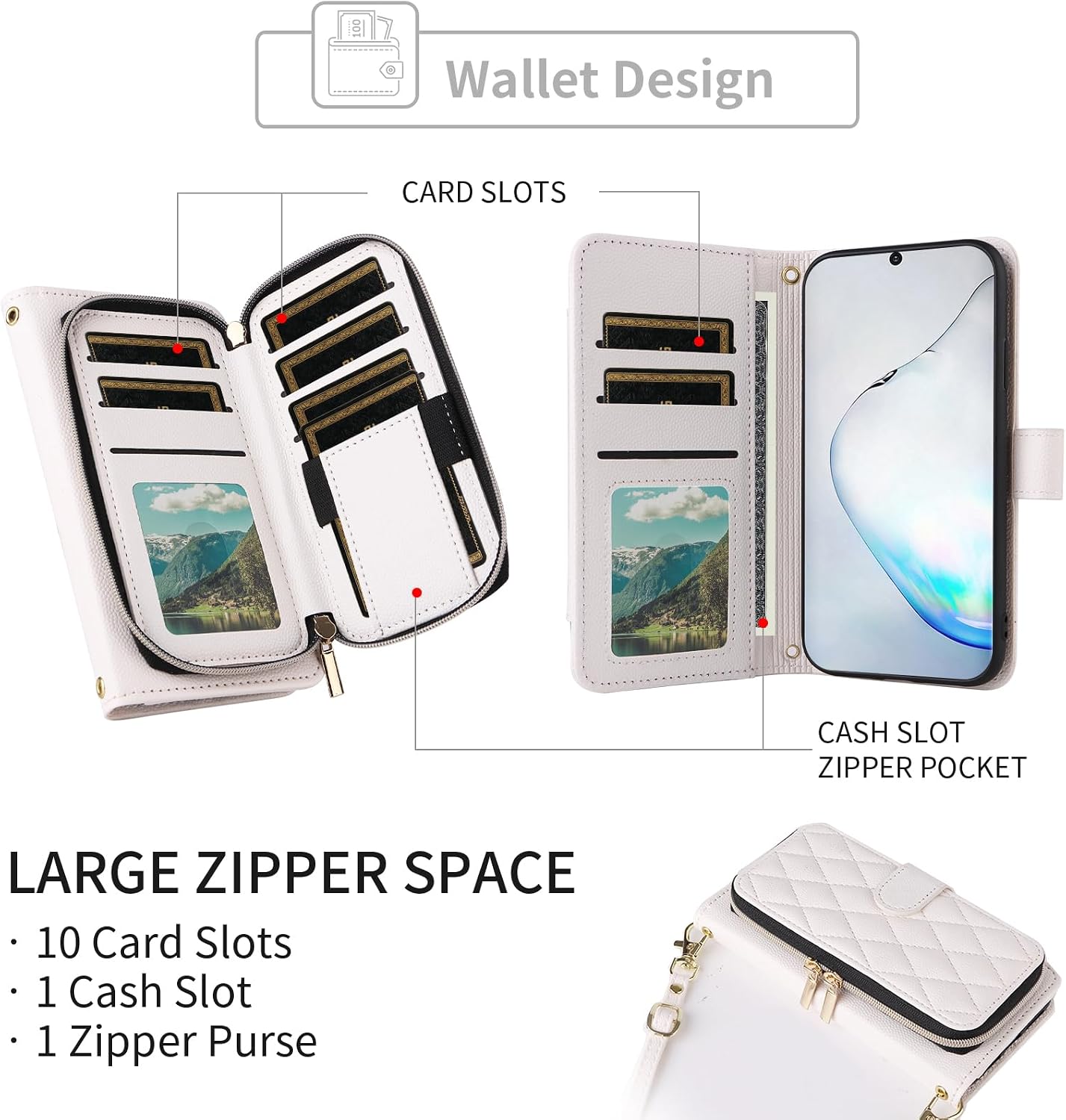 Argyle Wallet Case for Samsung Galaxy Note 10 Plus Note10+ 5G with Wrist Strap Shoulder Strap, Zipper Credit Card Holder Stand Cell Phone Cover for Note10 + Notes 10+ Ten Not S10 10Plus White