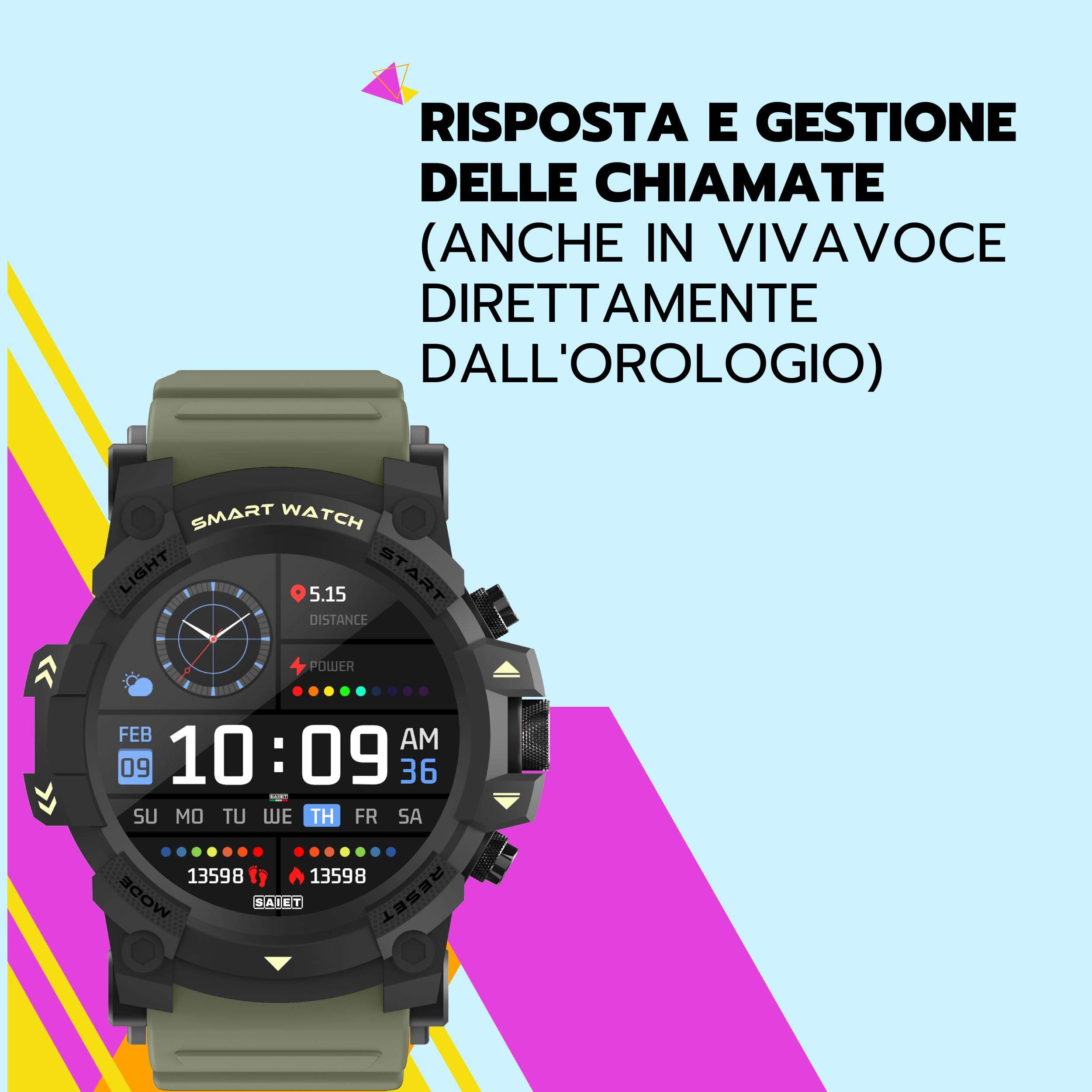 SAIET - Smartwatch W4RR1OR con Funzioni GPS, Chiamate e Messaggi - Orologio Digitale in Vetro Temperato Waterproof - Smartwatch Sport - Verde