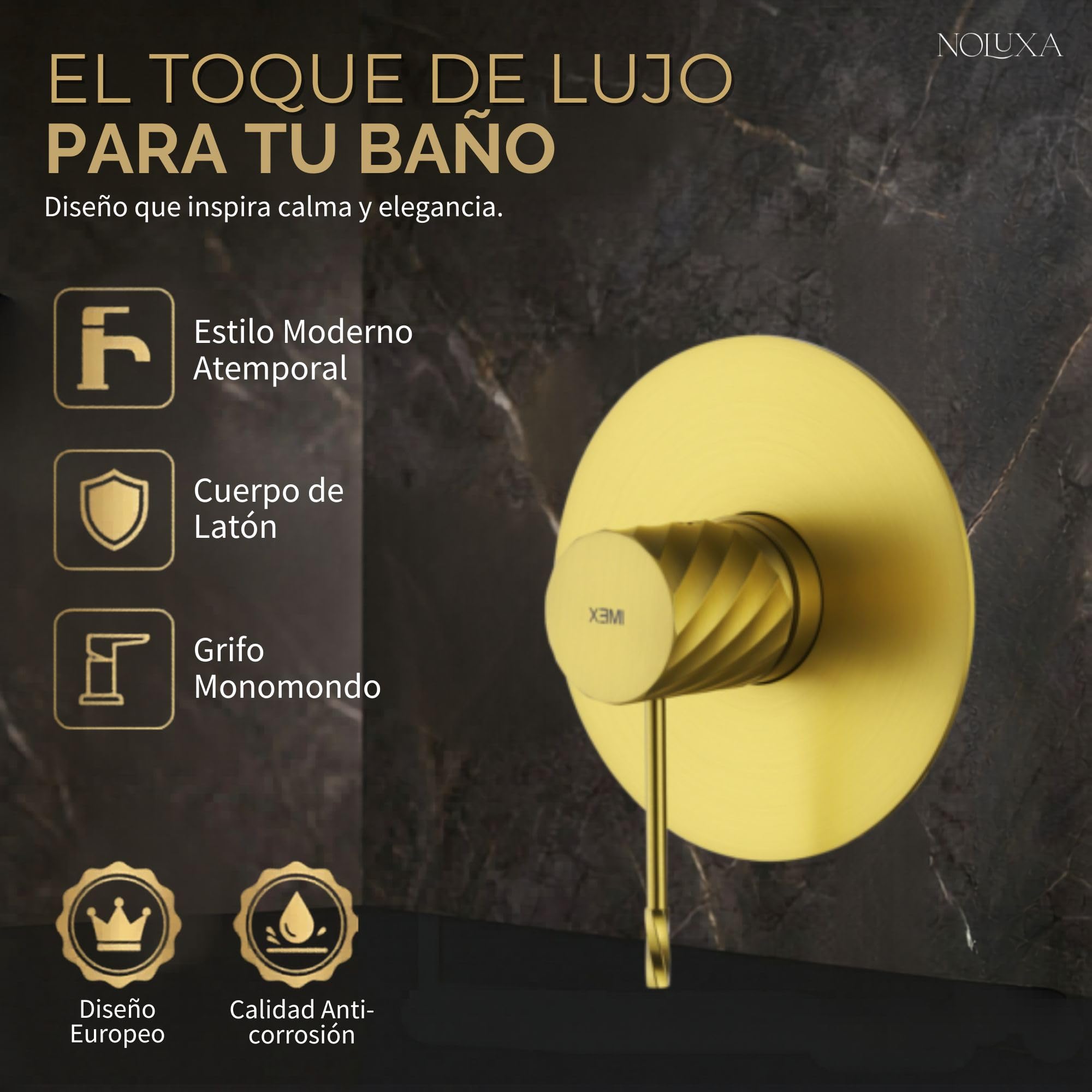 IMEX - Ducha Empotrada Oro Monomando | Conjunto de Grifería Empotrado con Rociador Antical Efecto Lluvia Dorada | Columna Ducha Empotrada con Grifo en Latón y Acero Inox S.304 (SIN ALCACHOFA)