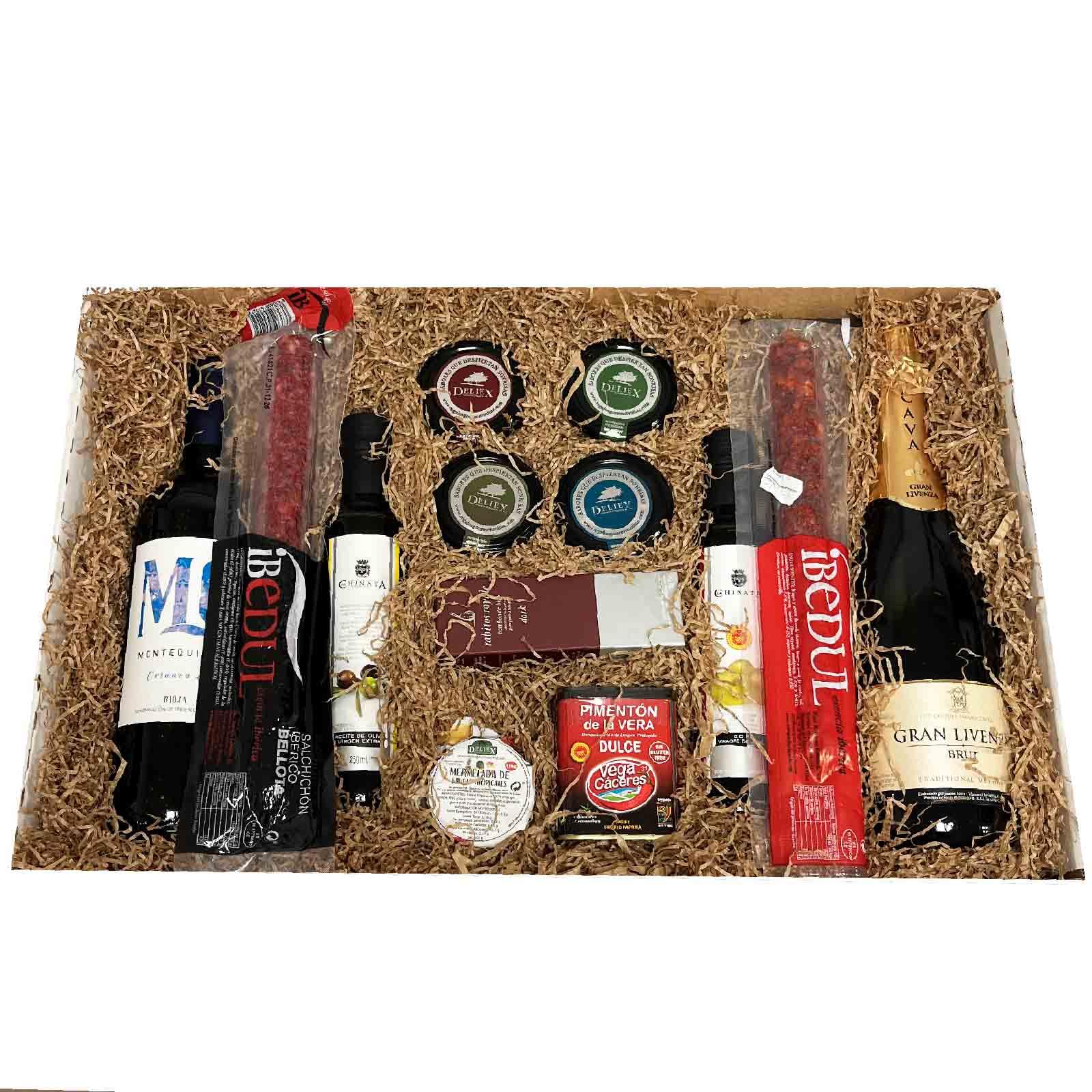 Cesta gourmet con vino, aceite, cava, ibéricos y productos gourmet. Estuche Grande Regalos Empresa, Negocios, Empleados, Dádiva Navideña para Trabajadores.
