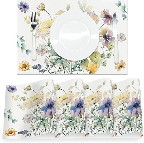 AOFOTO Juego de 4 manteles individuales florales con estampado de acuarela azul, amarillo y hojas verdes, manteles individuales rectangulares