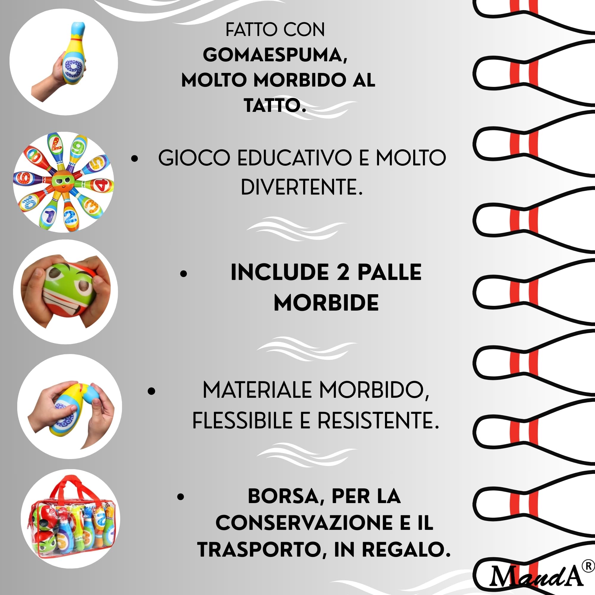 Bowling per Bambini Montessori in Gomma Piuma Grande - Set da 10 Birilli + 2 Palle con Borsa - Gioco Educativo e Sicuro per Bambini 2-7 Anni - Giocattolo da Interno ed Esterno - Idea Regalo Perfetta