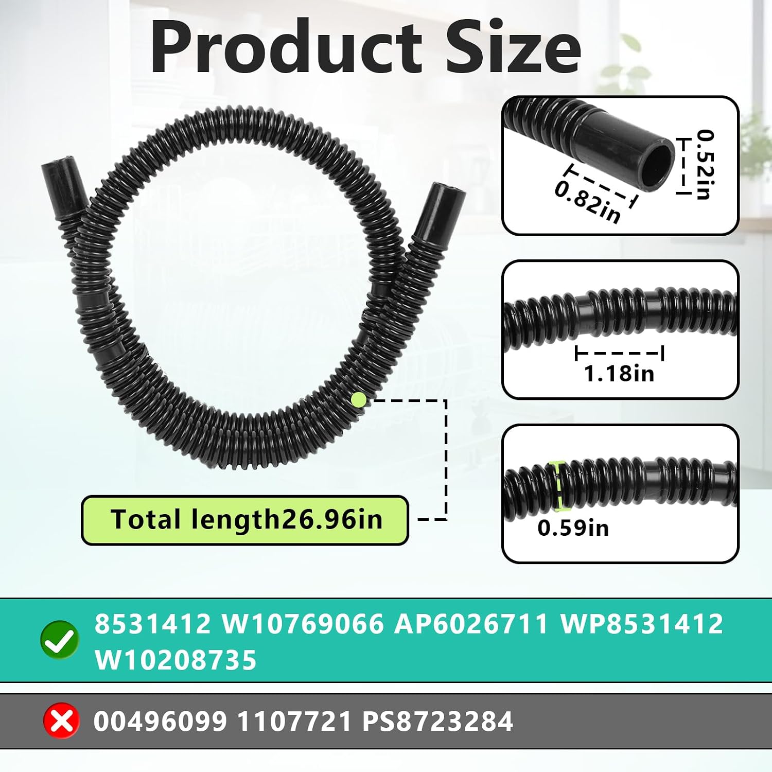 W10878507 Dishwasher Water Inlet Fill Hose Compatible with Whirlpool, Kenmore, KitchenAid, Maytag, Water Inlet Tubing Replaces 8531412, W10769066, AP6026711, GU2300XTVT0, GU3200XTVY2, WDTA50SAHZ0