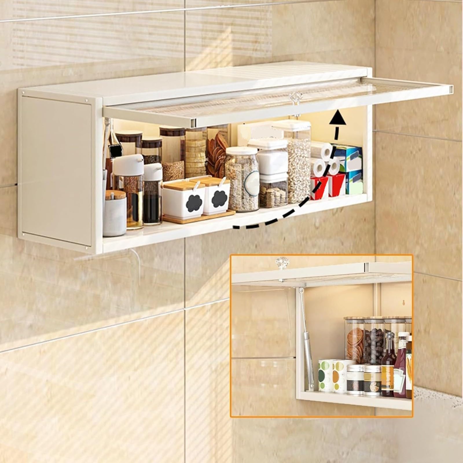 Küchengewürzregal, Wandmontierter Lagerschrank, Großraum-Küchengeschirr-Lagerschrank, staubdicht, stanzfrei, mit durchscheinender Klapptür, Küchenbesteckschrank White,80