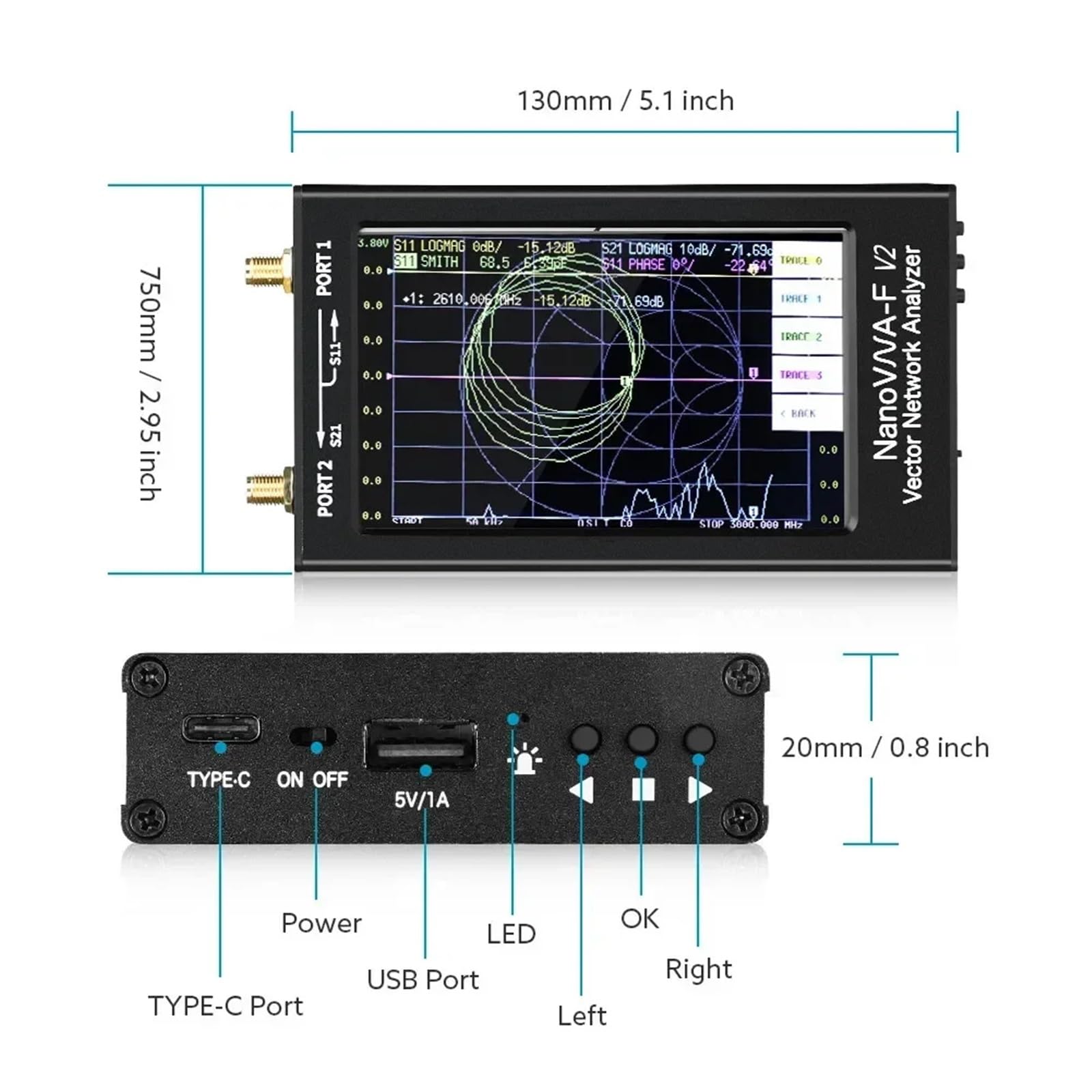 Analizator sieci, 4,3-calowy Analizator Sieci Wektorowej 50 KHz-3 GHz 801 Punktów | NanoVNA-F V2, VNA HF VHF UHF, Anten