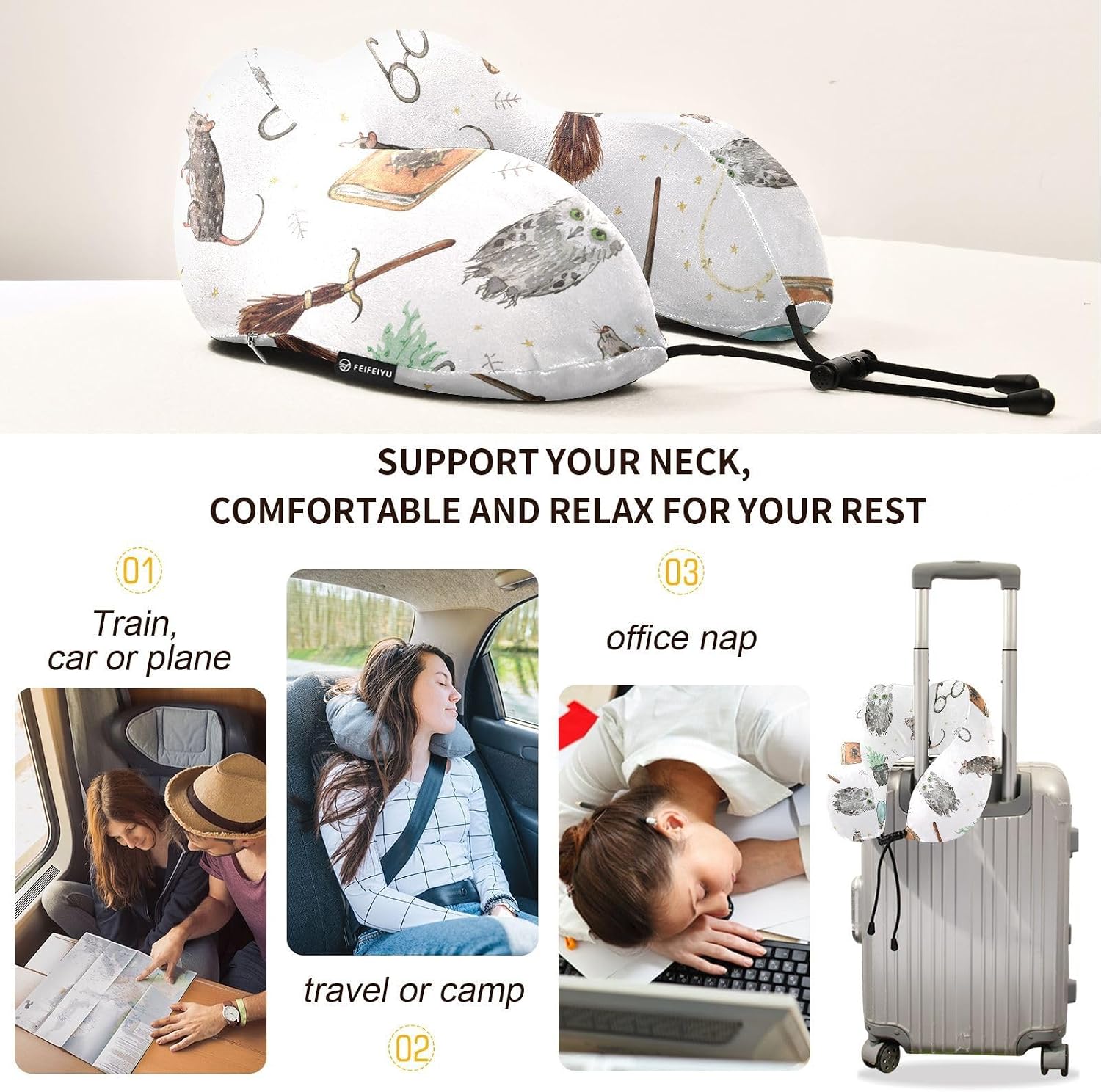 Travel Pillow for Neck Head, Owl Magicbook Elf Memory Foam Padding Sleeping Airplane Trains Cars Camping Office image 3