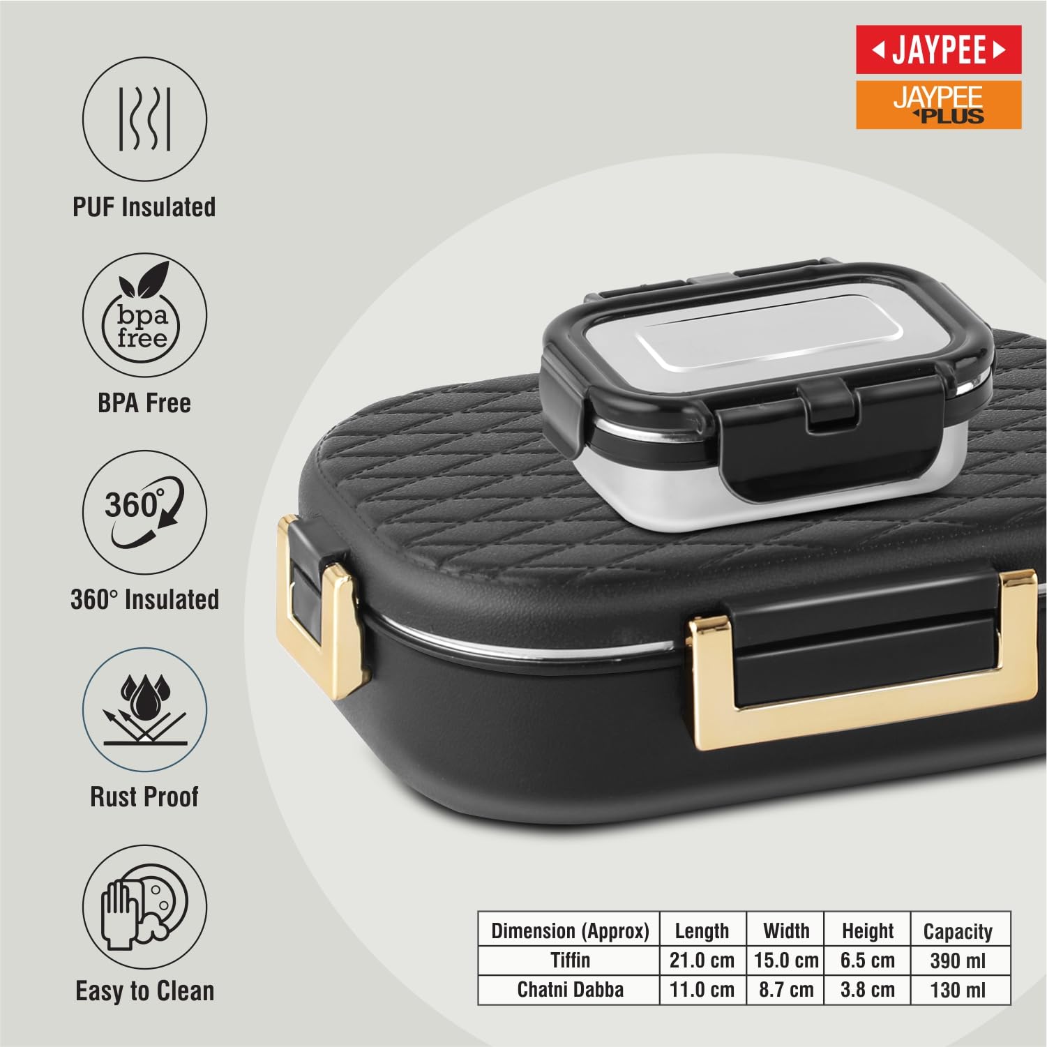 JAYPEE Lux PU Insulated Stainless Steel Lunch Box for School Kids|Airtight Leakproof Lunch Box for Kids Boys & Girls |Unique Design 100% Food Grade |Lunch Box for Office use,580 ml, Black - Image 2 thumbnail