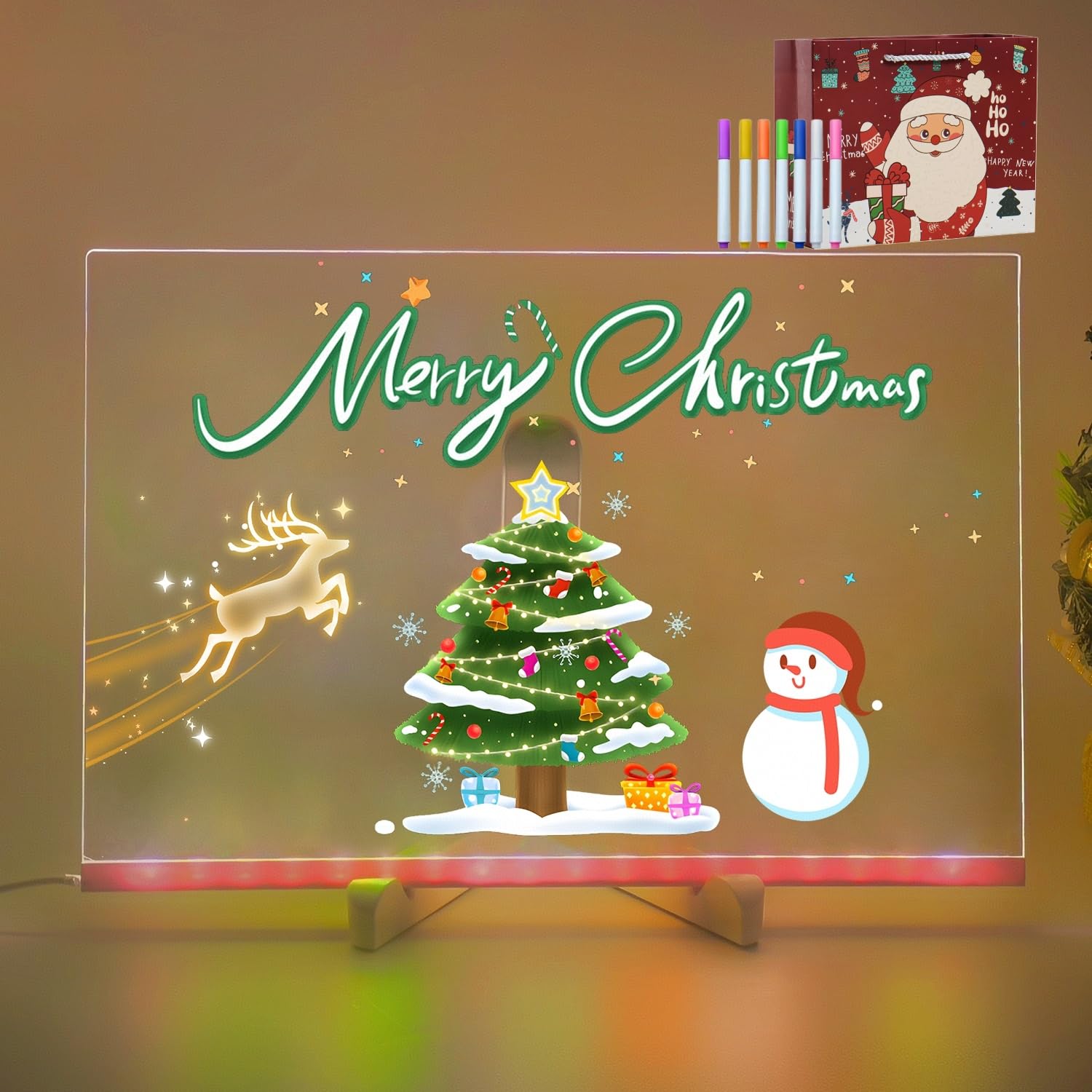 LED Note Board with Colors, Light Up Acrylic Message Board, Led Drawing Board for Room/Office/Festival/Gift, LED Noteboard with Adjustable Stand & 7 Colorful Pens (Medium - (with Gift Bag))