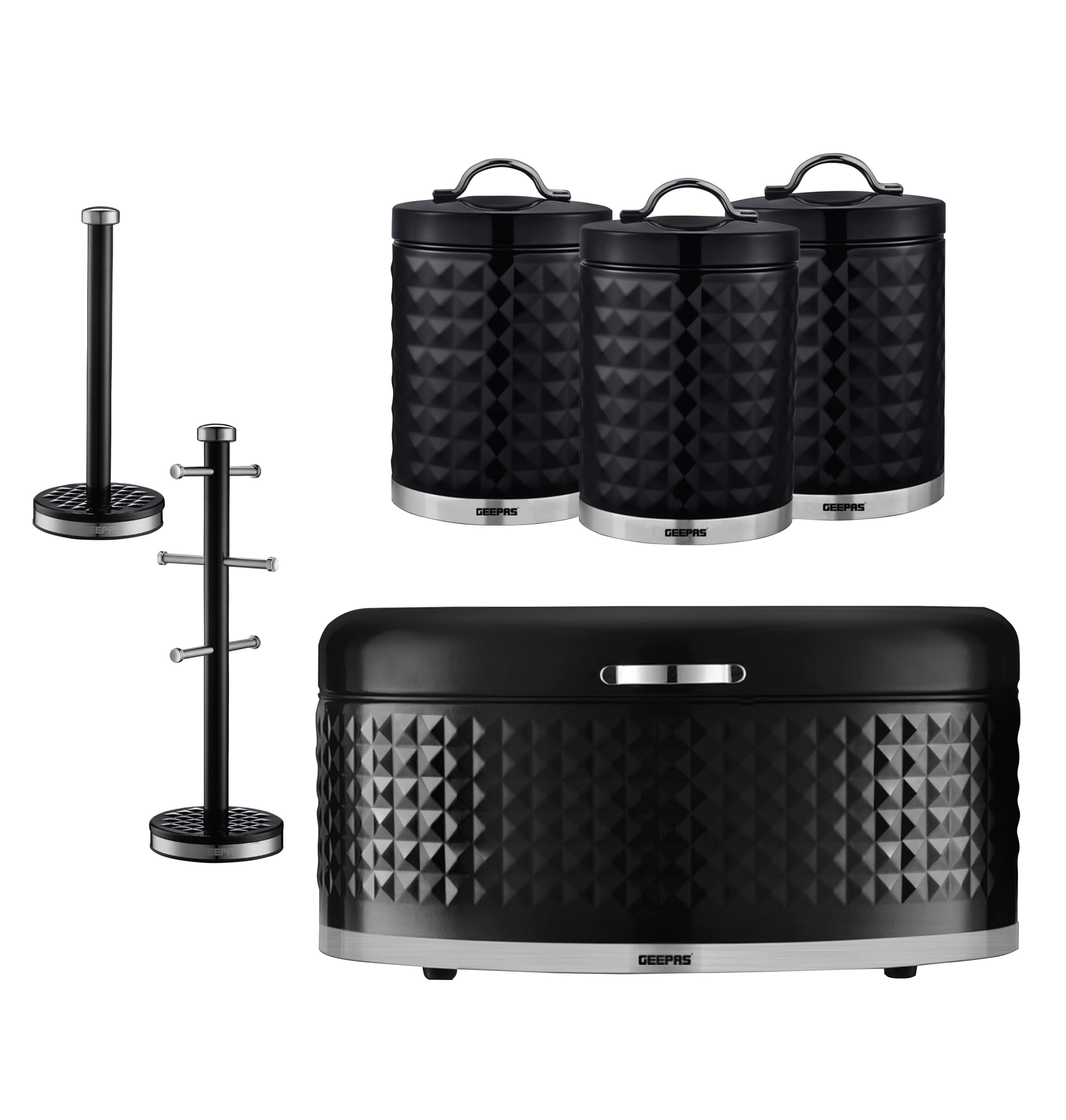Geepas 6 Pc Kitchen Storage Set - Bread Bin, Canisters, Mug Tree, Towel Pole - Black Steel
