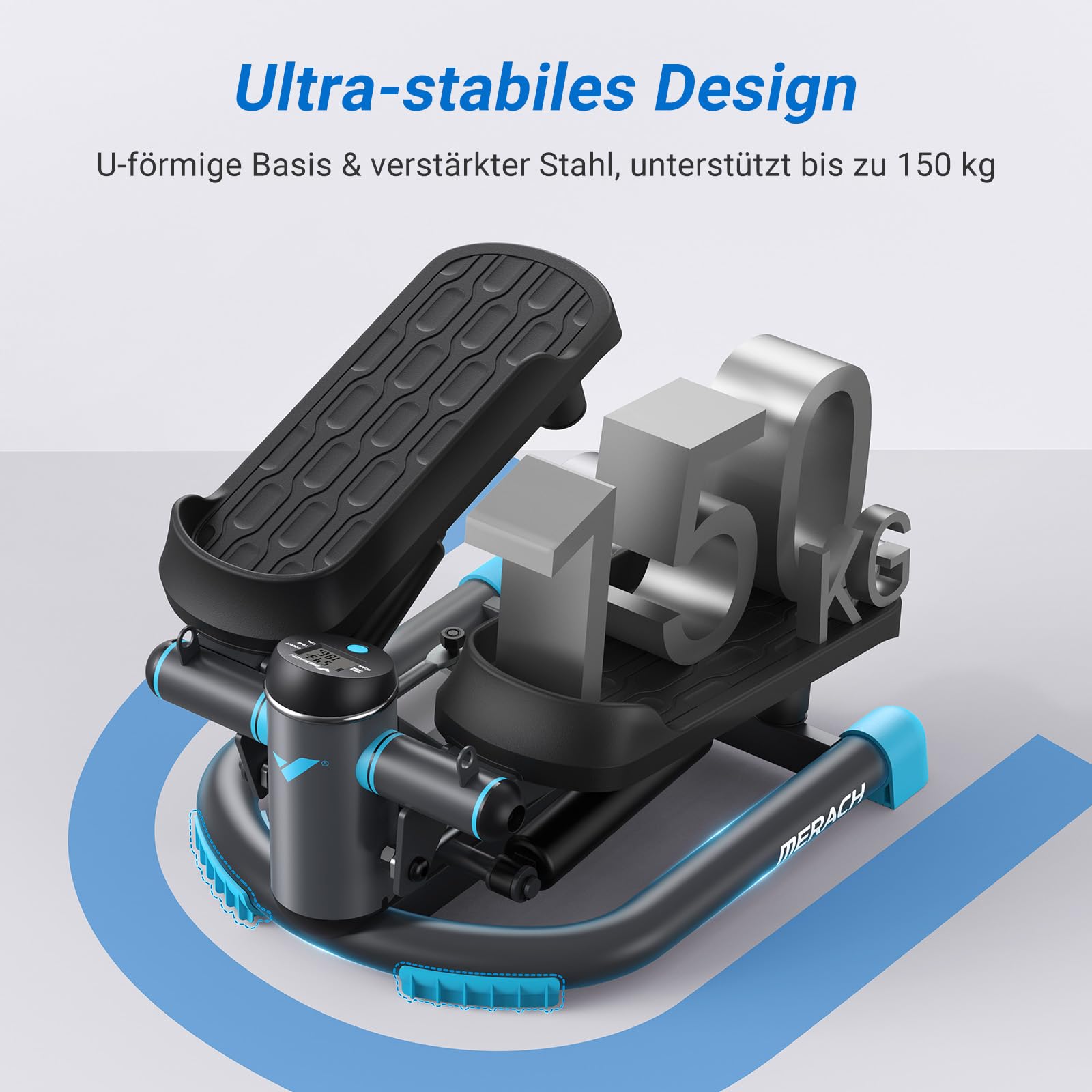 MERACH Mini Stepper Fitness 2 in 1 für zu Hause, leise Twister 150 kg mit LCD-Display und Widerstandsbändern, für Training von Beinen, Armen und Gesäß