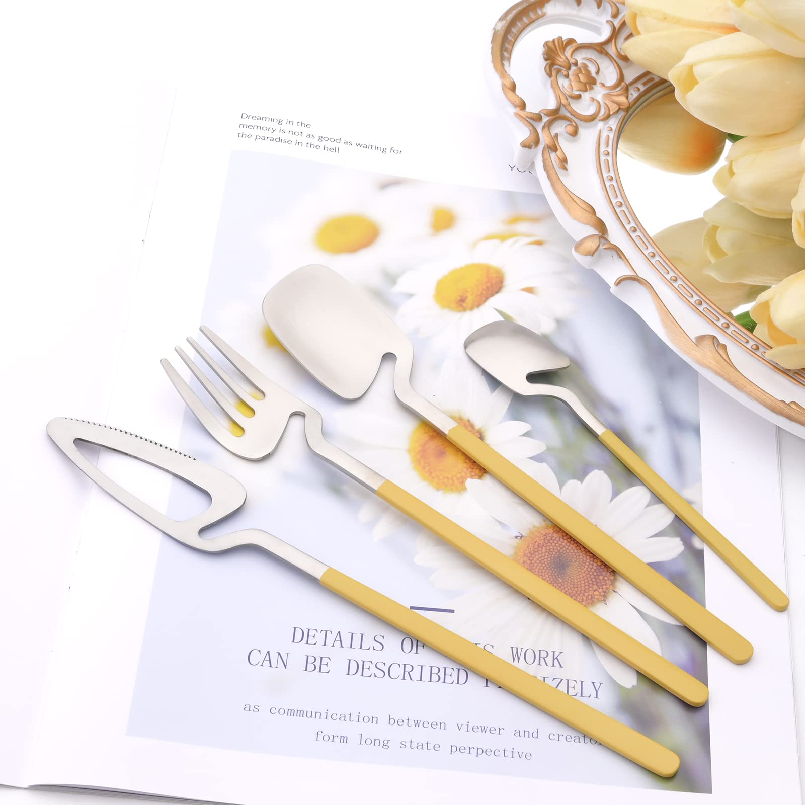 Snplowum 24pcs Household Cutlery Set, Matte Metal 18/10 Stainless Steel kitchen Utensils With Nice Coloured Handles For 6 People, Gift Box Packaged (Yellow Silver)