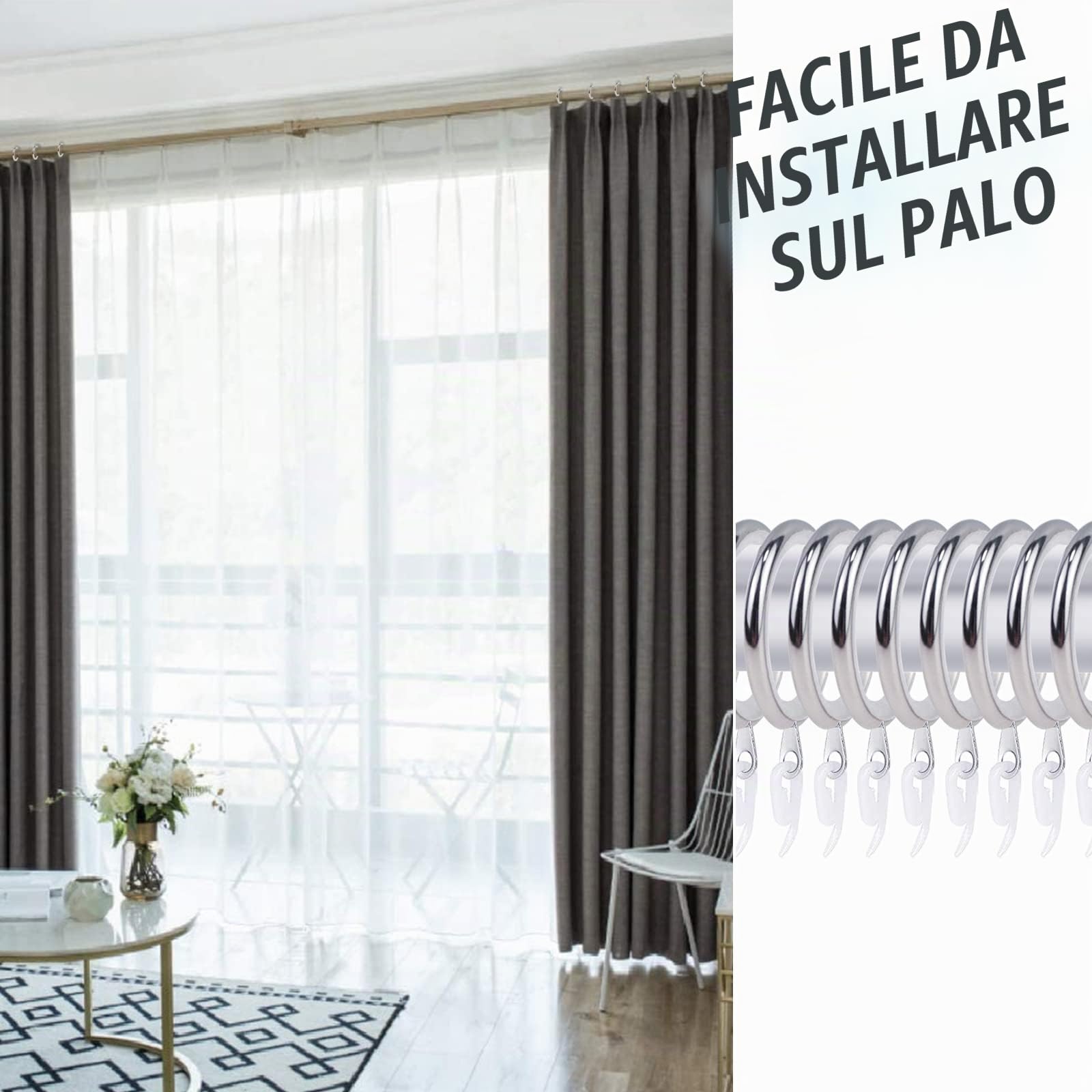 Set di 50 anelli per tenda mute in argento, con 50 anelli in gomma, diametro interno 27 mm, per tenda e aste