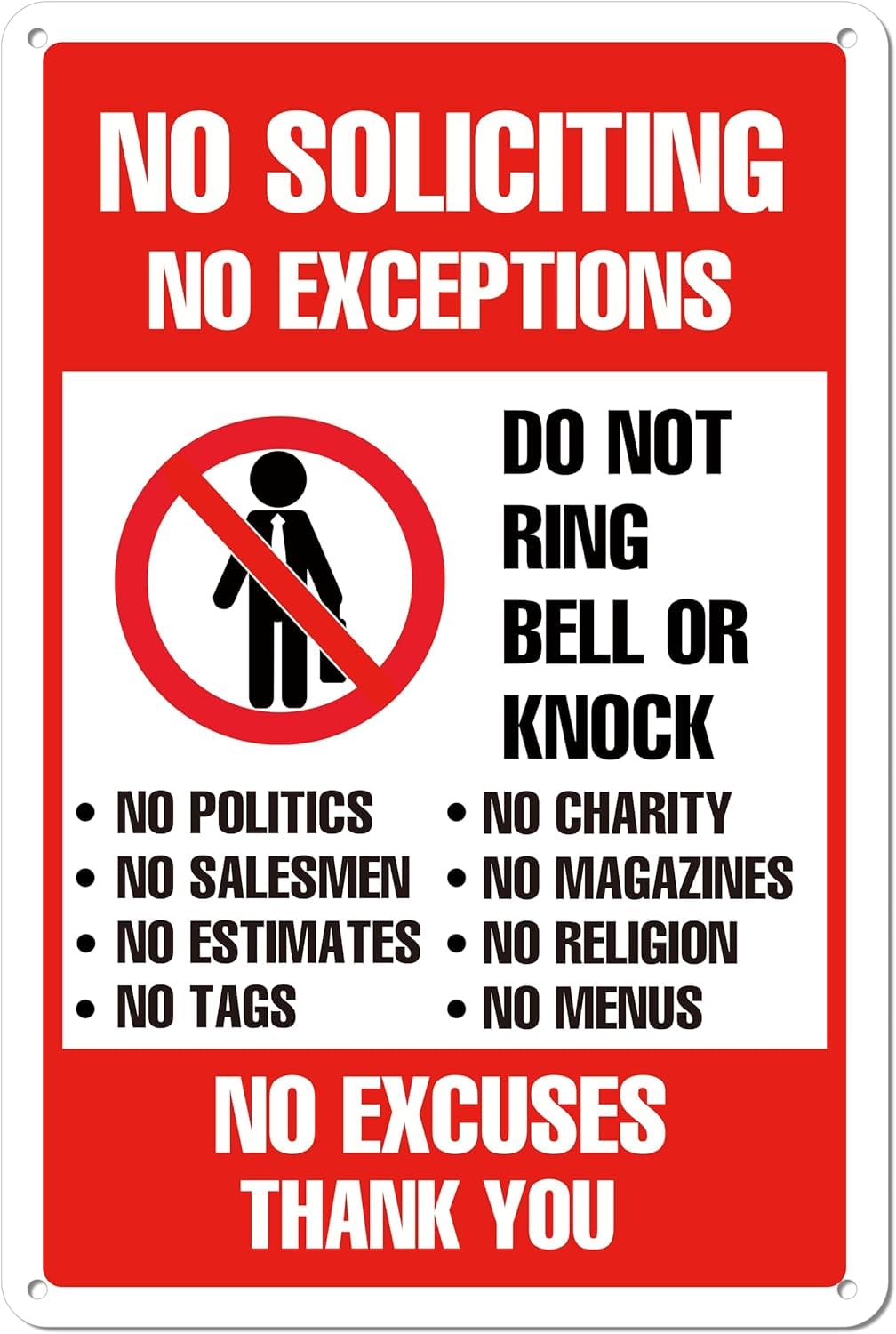 SMAZDFXX Aluminum No Soliciting Sign DoRing Bell No Knock Policy Metal Signs Outdoor Indoor Use, Funny Door Decoration for Home, Office, Yard Accessories Poster 8"x12"